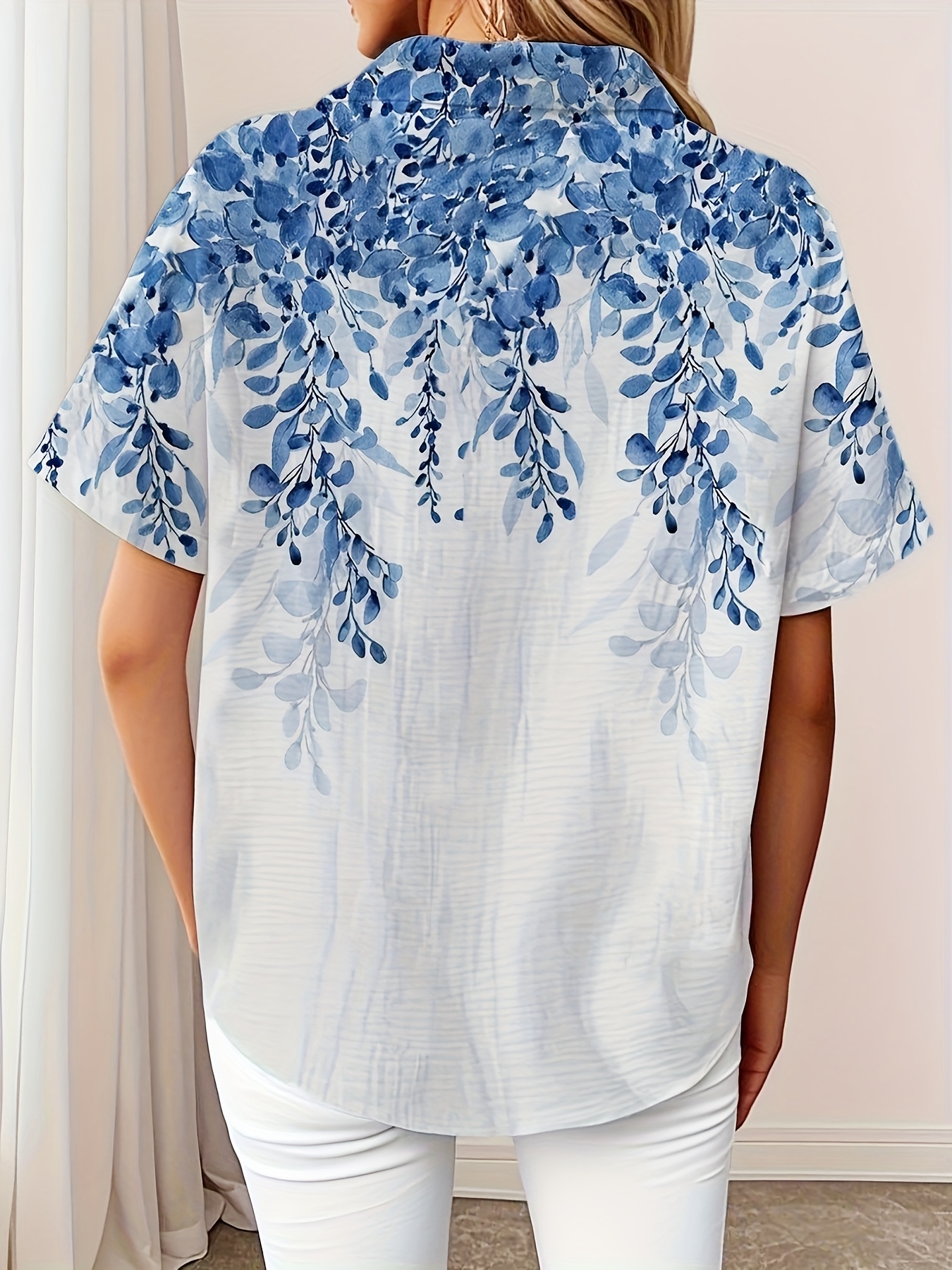 Women's Blue Leaf Print Button Down Shirt – Short Sleeve Casual Blouse, Lightweight Polyester Summer Top