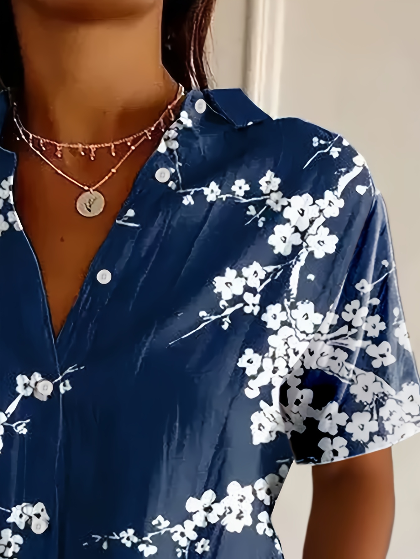 Women's Blue Floral Print Button Down Shirt – Elegant Botanical Short Sleeve Blouse with Lightweight Polyester Fabric
