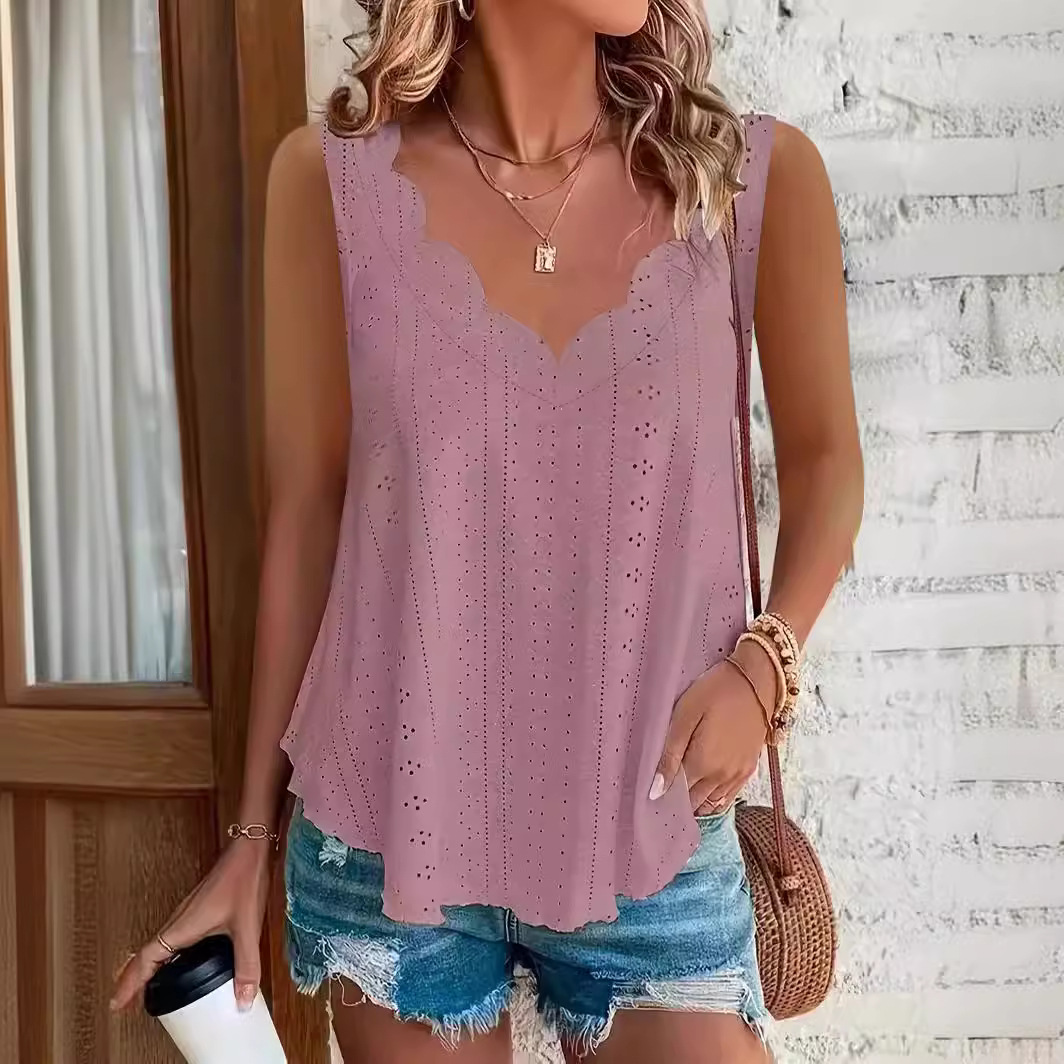 Women’s Cotton Spandex Eyelet Tank Top – Square Neck Sleeveless Summer Blouse