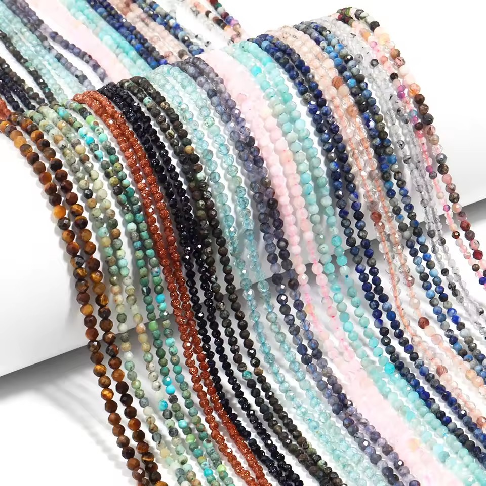 Wholesale Faceted Natural Gemstone Beads, Cut Crystal Loose Beads, Aquamarine Tourmaline Agate Spacer Beads for DIY Bracelet Necklace Jewelry Making, 2/3/4mm
