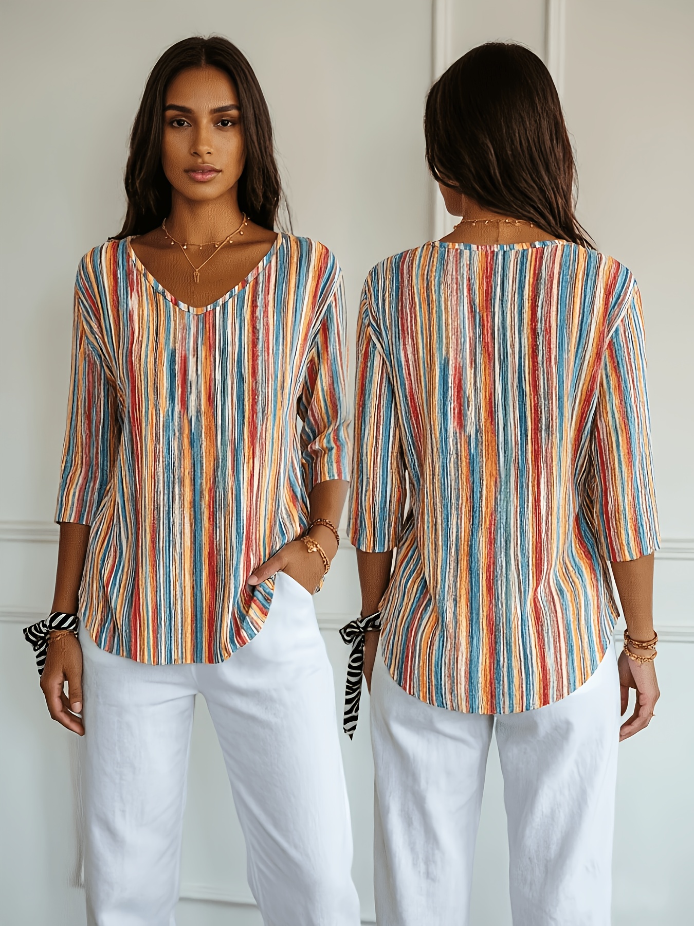 Women’s Colorful Striped V Neck Blouse – Casual 3/4 Sleeve Loose Fit Tunic Top for Everyday Wear