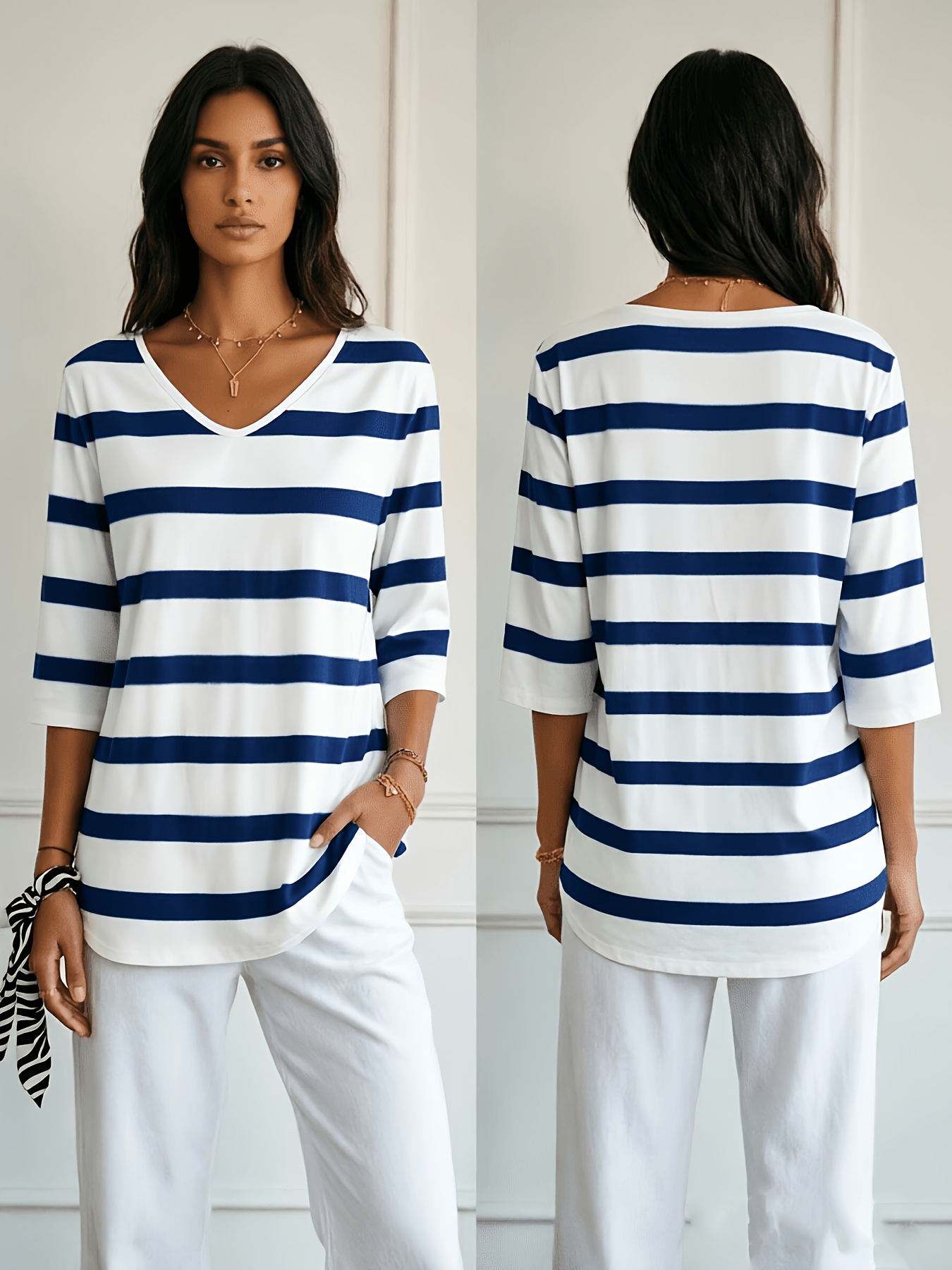 Women’s Blue Striped V Neck 3/4 Sleeve Tops – Casual Loose Fit Tunic Blouse for Everyday Wear