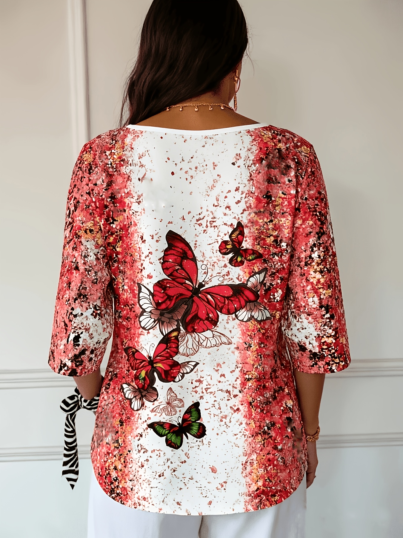 Women’s Butterfly Print V Neck 3/4 Sleeve Tunic Tops – Casual Loose Fit Blouse Shirts for Women