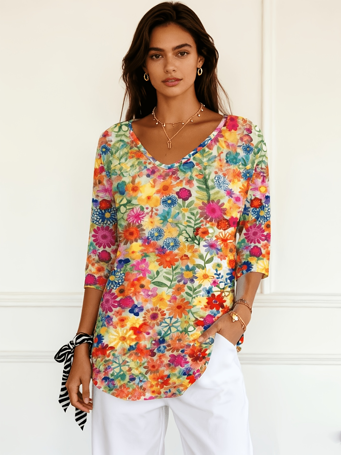 Women’s 3/4 Sleeve Floral Print Tunic Tops V Neck Loose Fit Blouse Colorful Casual Shirts for Women Lightweight Summer Fall Fashion Top
