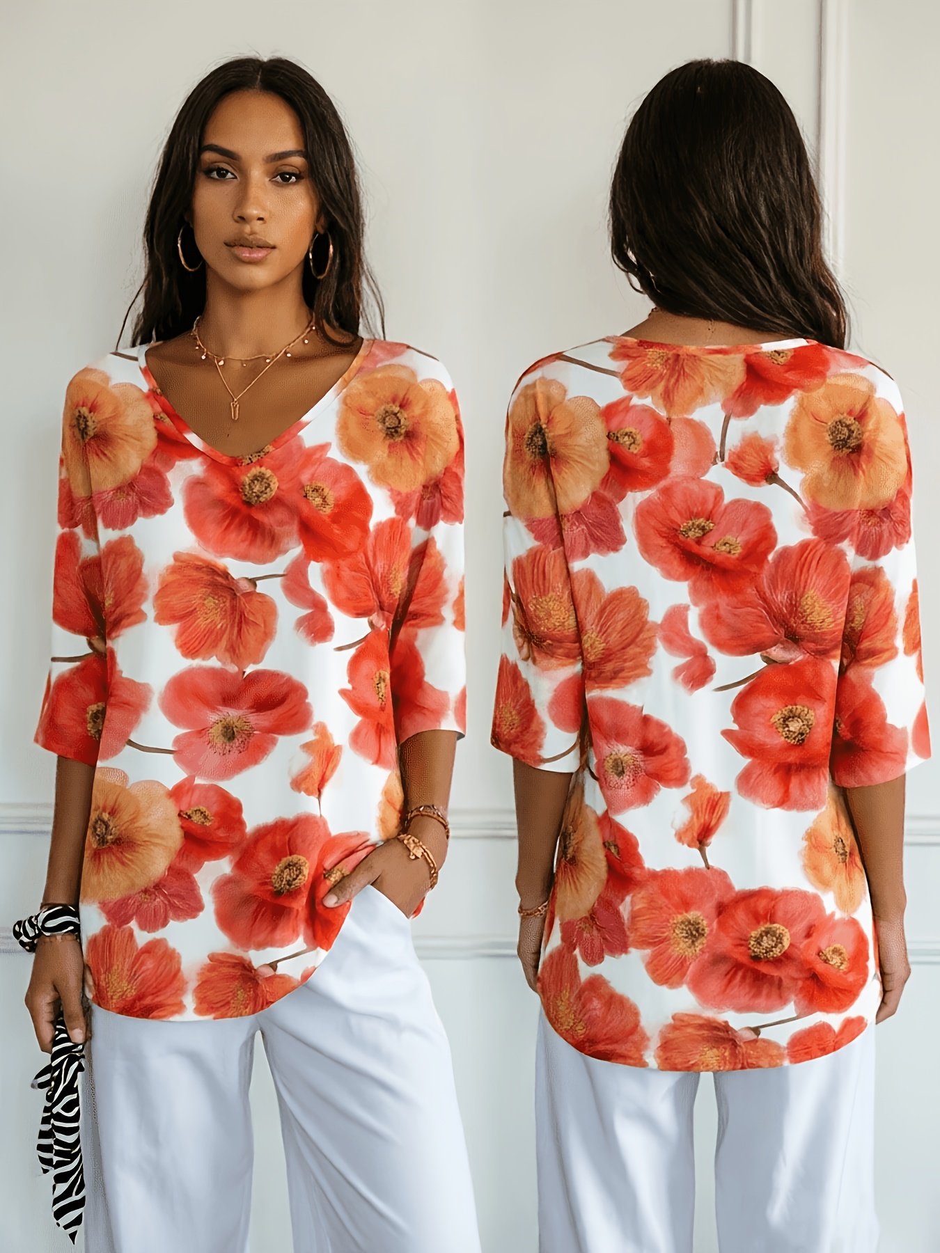 Women’s 3/4 Sleeve Floral Tunic Tops V Neck Loose Fit Blouse Red Poppy Flower Print Casual Shirts Lightweight Summer Fall Fashion Top