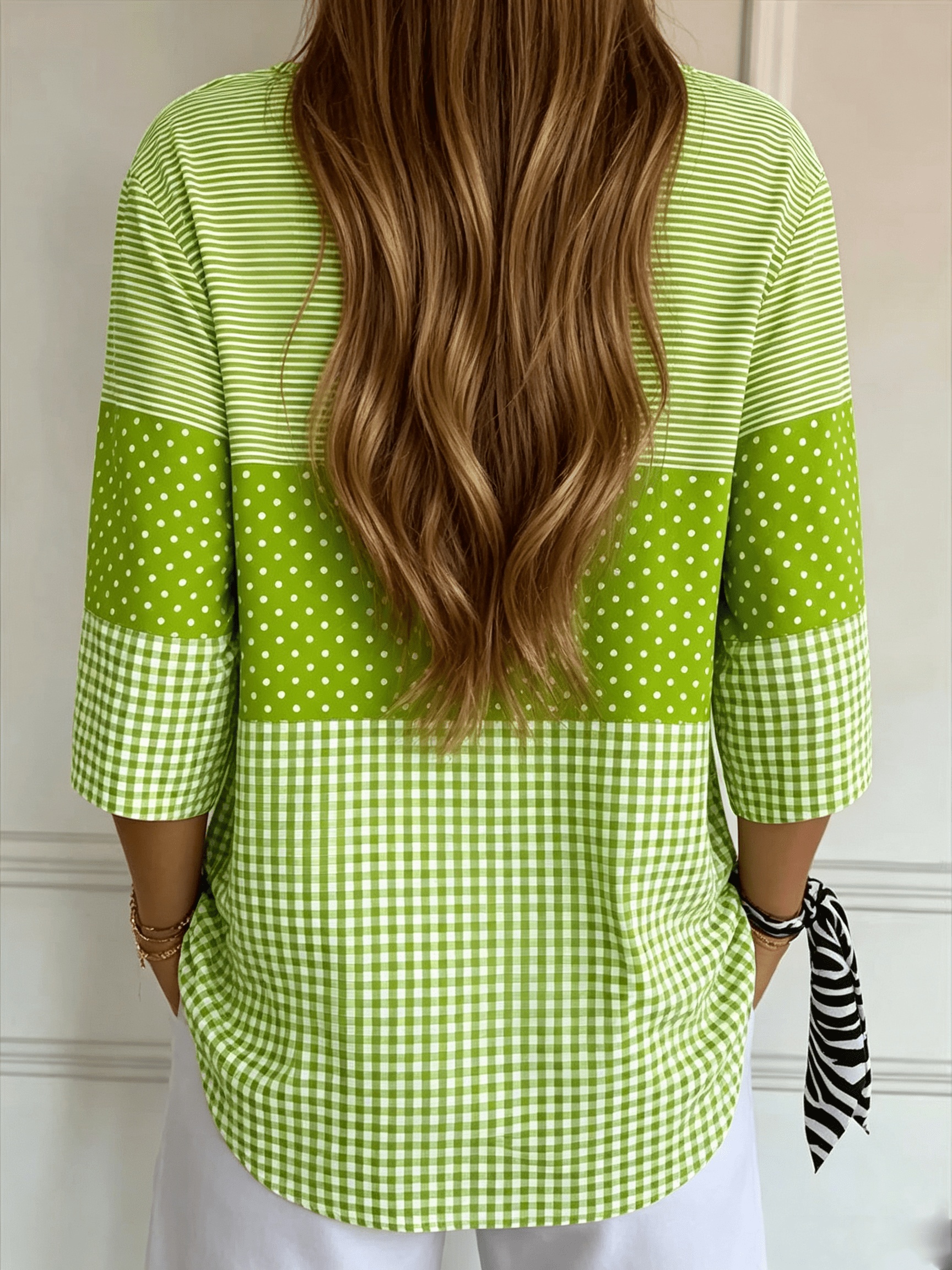 Women's 3/4 Sleeve V Neck Tops Casual Color Block Printed Shirts Loose Fit Tunic Blouse Green Striped Polka Dot Plaid Shirts for Women