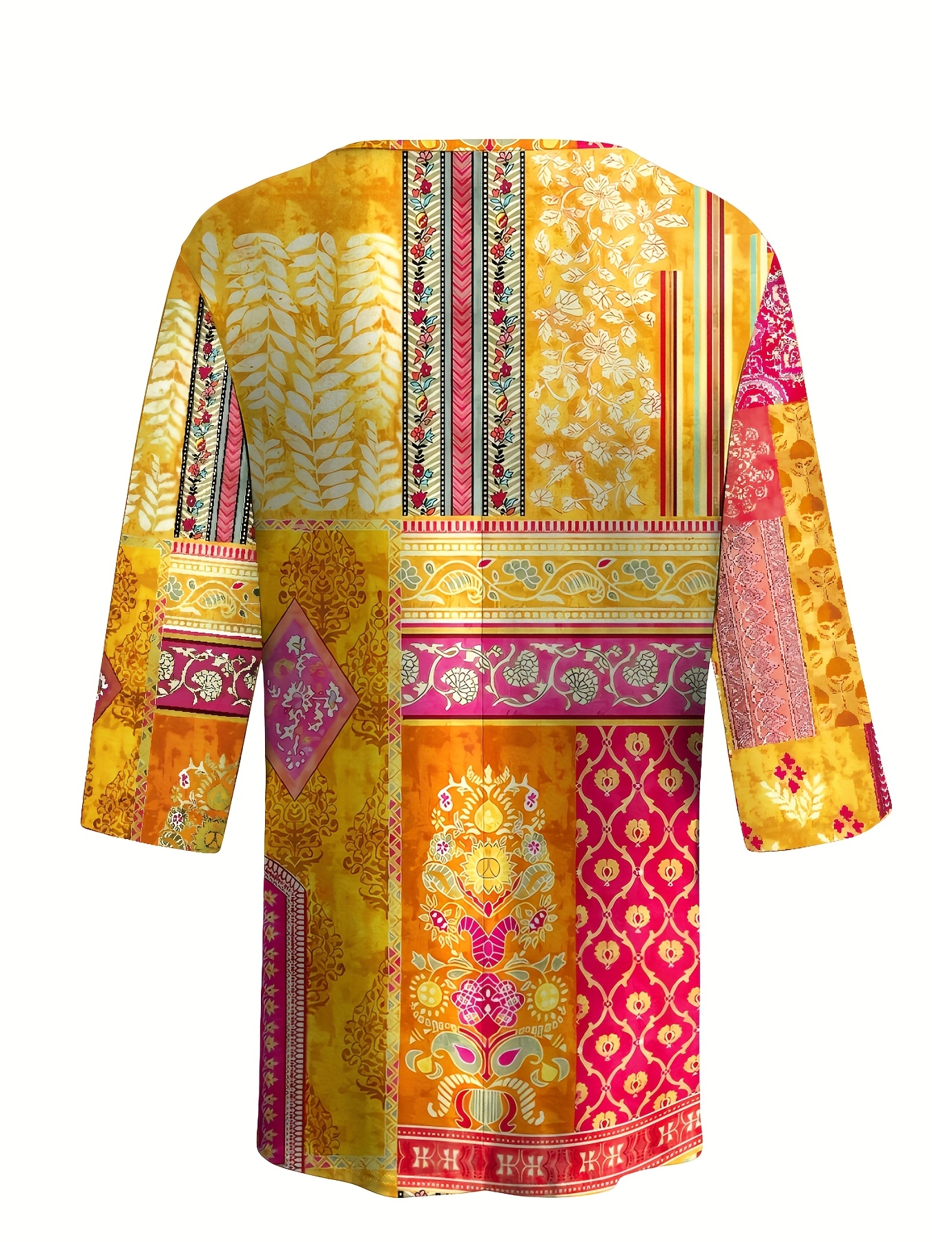 Women's 3/4 Sleeve Printed Blouse – Colorful Bohemian Patchwork Top, Casual Loose Fit Tunic Shirt with Lightweight Polyester Fabric