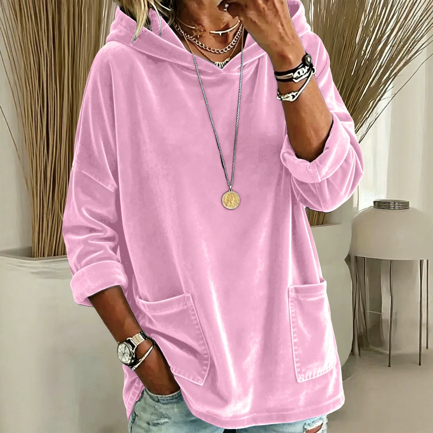 Women's Oversized Velvet Hoodie Pullover – Casual Loose Fit Hooded Sweatshirt with Front Pockets, Soft Lightweight Long Sleeve Top