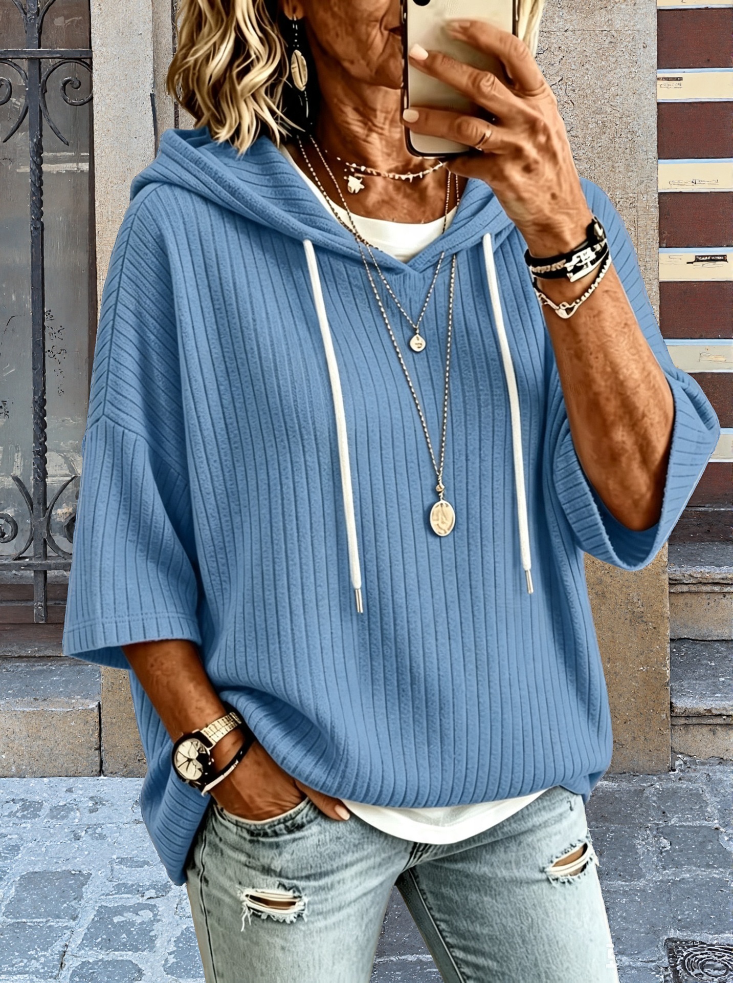 Women’s Casual Ribbed Knit Hoodie Top – Loose Fit Short Sleeve Pullover Sweatshirt with Drawstring Hood