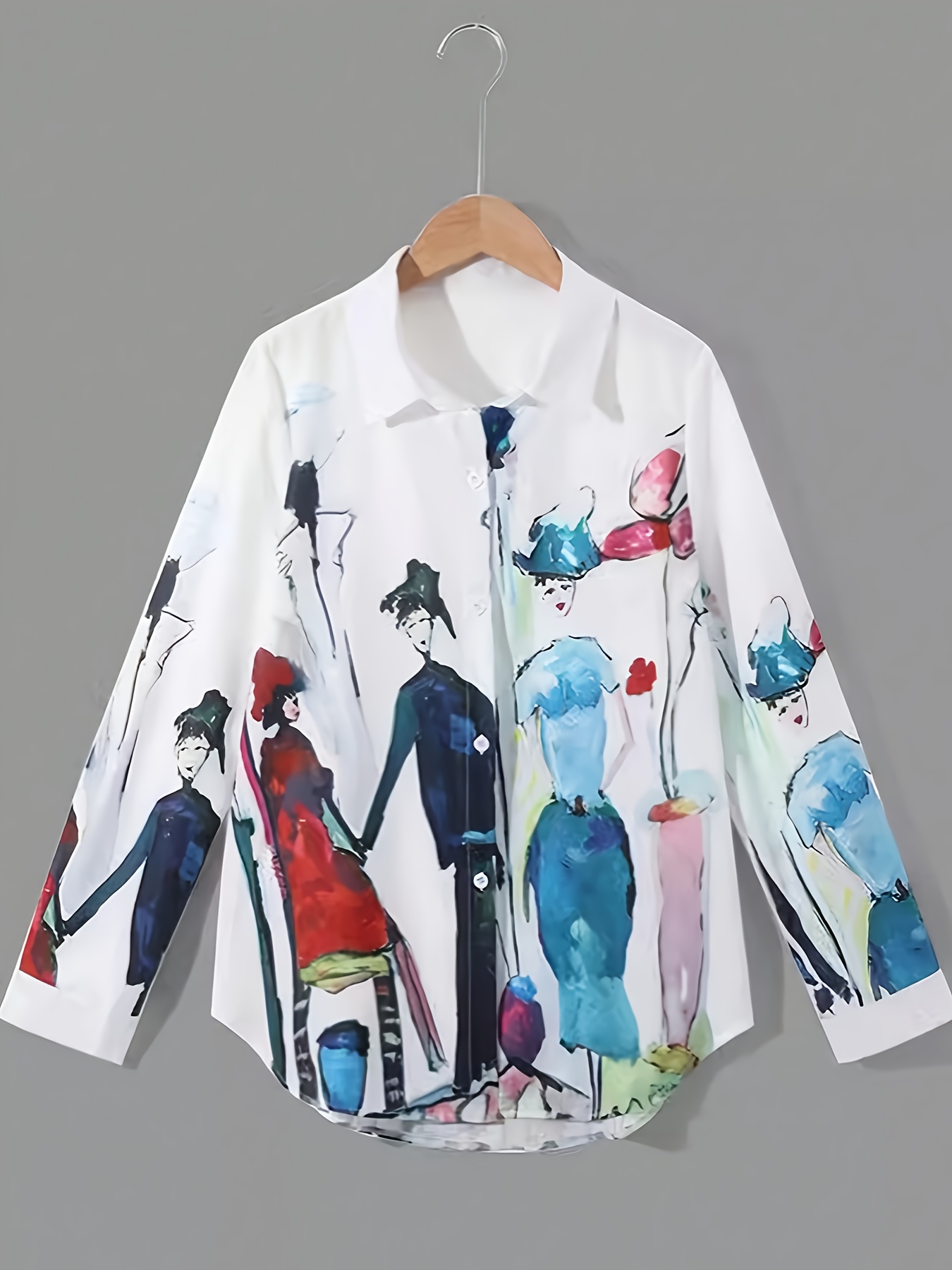 Women's Colorful Printed Button Down Shirt – Casual Loose Fit Long Sleeve Blouse with Artistic Pattern, Lightweight Tunic Top for Daily Wear, Vacation & Street Style