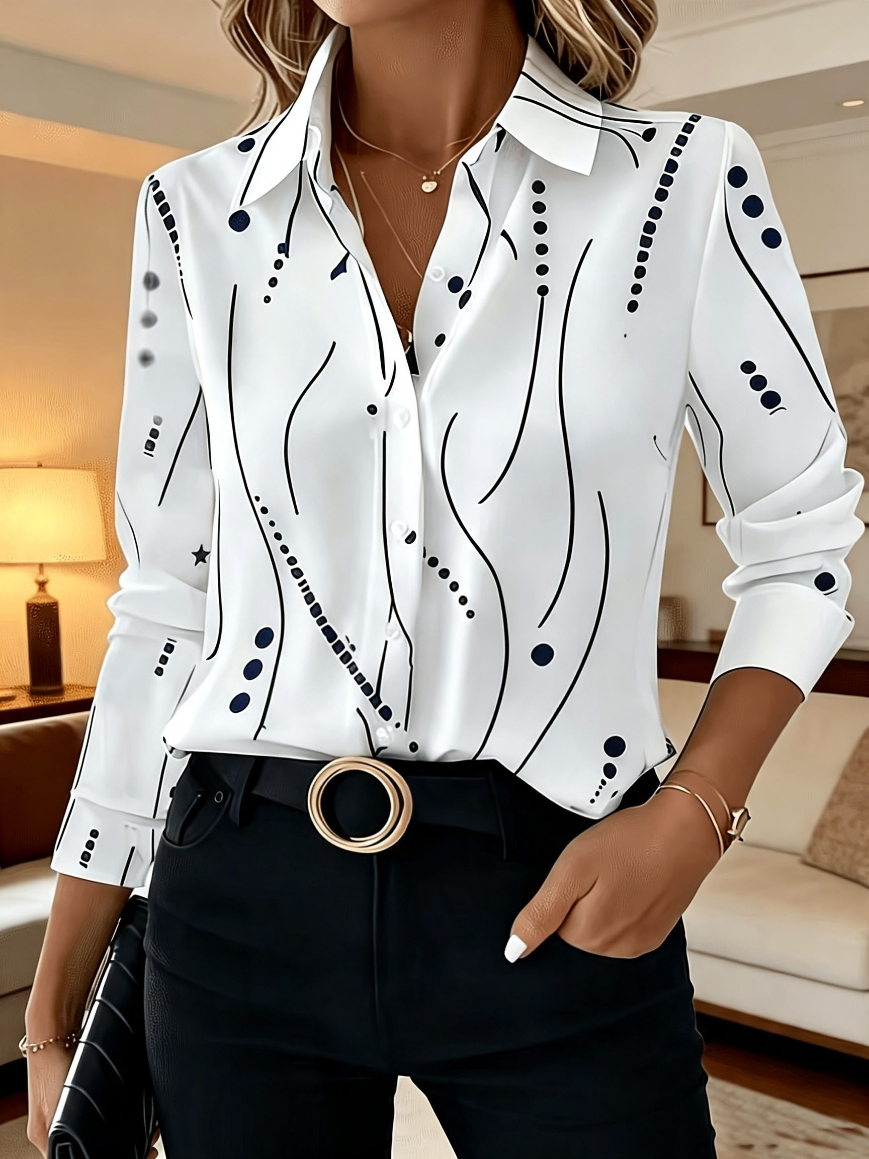 Women's Loose Fit Long Sleeve Shirts, Abstract Curve Stripe Dot Print Button‑Down Blouse , Casual Daily Tunic Tops-gemscharms