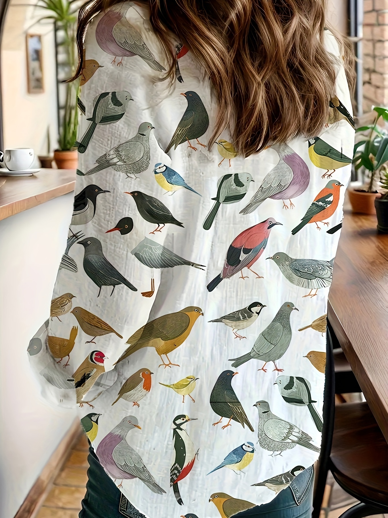 Women's Bird Print Button Down Shirt Long Sleeve Casual Blouse, Colorful Floral Animal Printed Tops, Lightweight Loose Fit Collared Shirt for Work Vacation and Everyday Wear-gemscharms