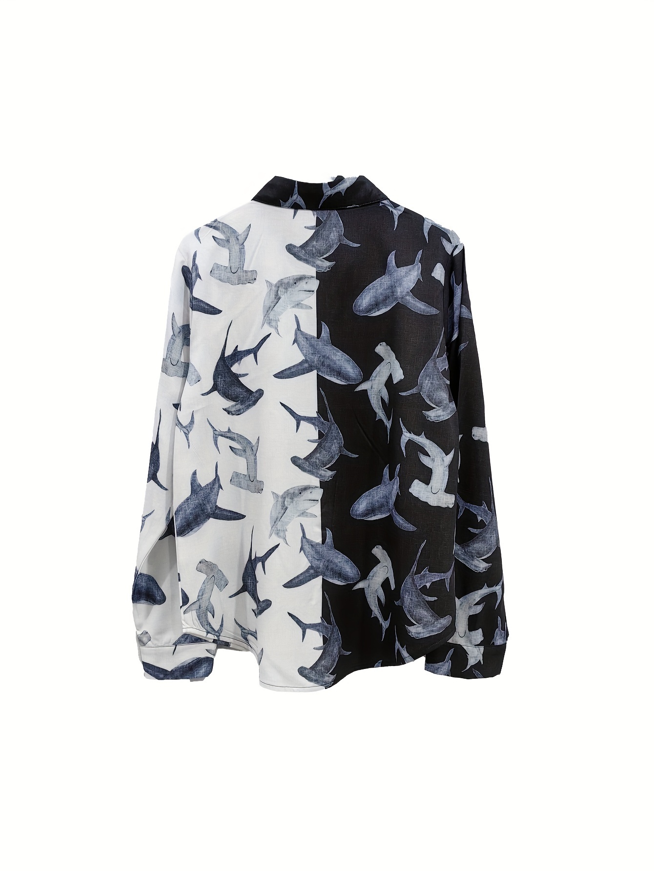 Women's Shark Print Button Down Shirt Long Sleeve Casual Blouse, Black White Animal Printed Tops, Lightweight Loose Fit Collared Shirt for Vacation, Beach, Work and Everyday Wear