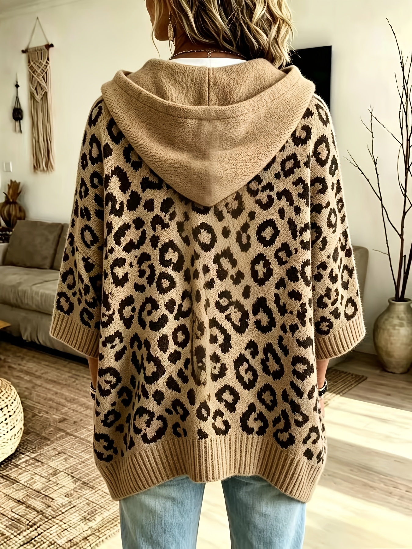 Women's Leopard Print Hooded Knit Sweater, Oversized Pullover Poncho Top, Loose 3/4 Sleeve Casual Fall Winter Jumper, Cozy Animal Print Hoodie Sweater