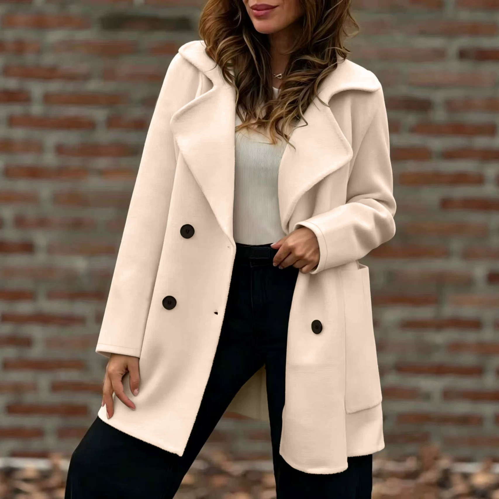 Women's Double Breasted Pea Coat – Elegant Lapel Collar Long Sleeve Jacket for Fall & Winter