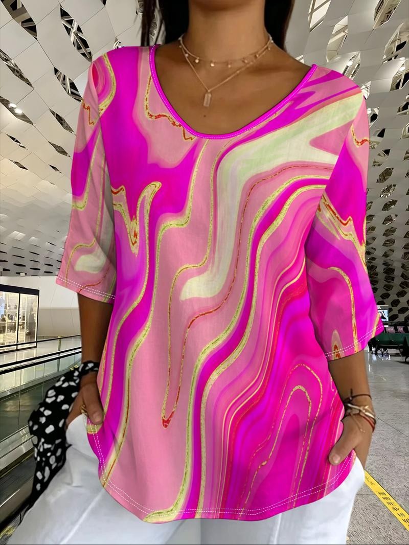 Women’s Abstract Print Short Sleeve Tops, Colorful Loose Fit Blouse Shirt with Artistic Wave Pattern, Casual Summer Tunic Top for Women, Vacation Beach Everyday Wear-gemscharms