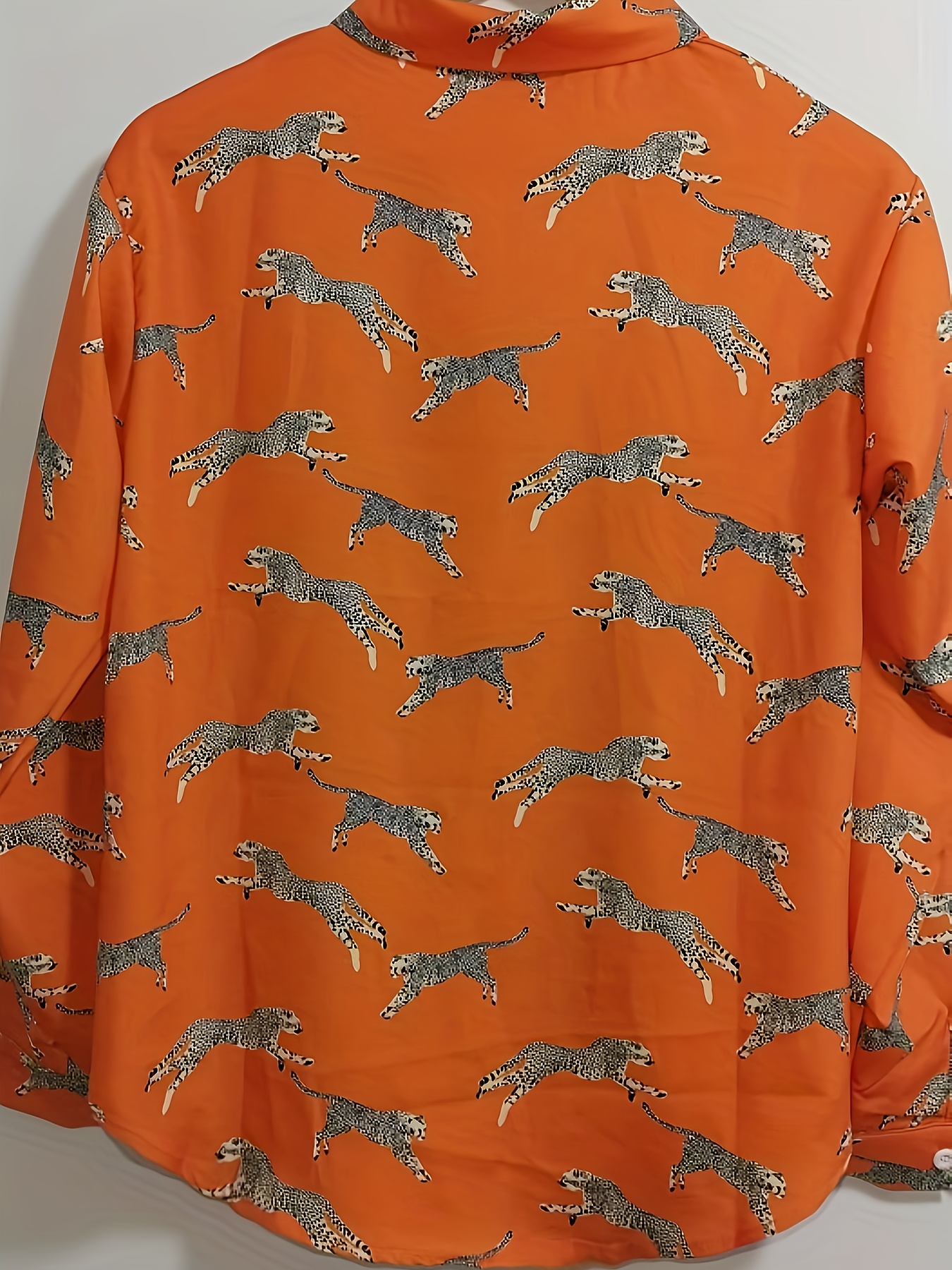 Women Loose Button‑Down Shirts, Orange Running Cheetah Leopard Animal Print Long Sleeve Blouse , Casual Daily Tunic Tops-gemscharms