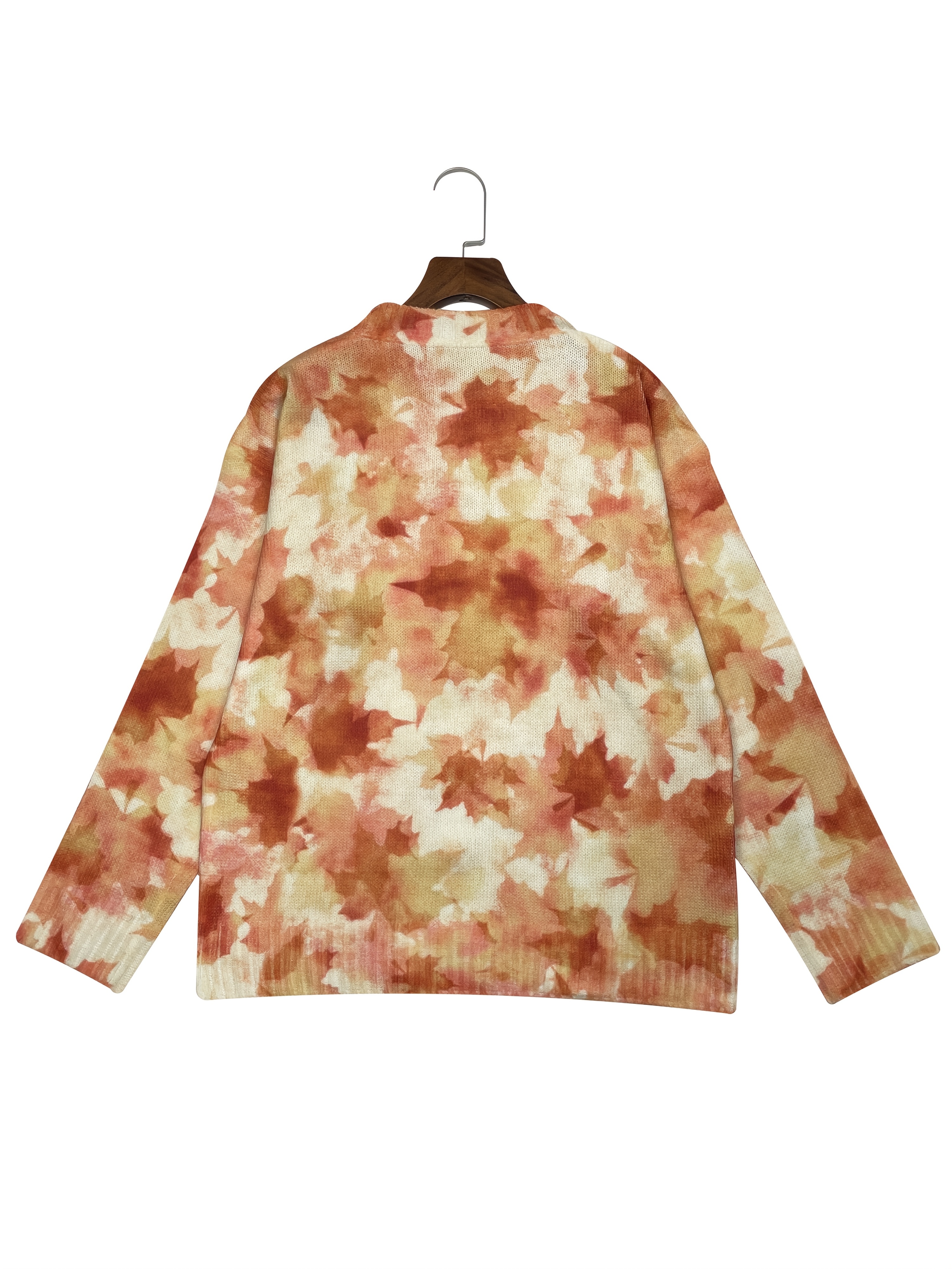 Women's Vintage Maple Leaf Print Knit Cardigan, Long Sleeve V Neck Button Down Loose Sweater Coat