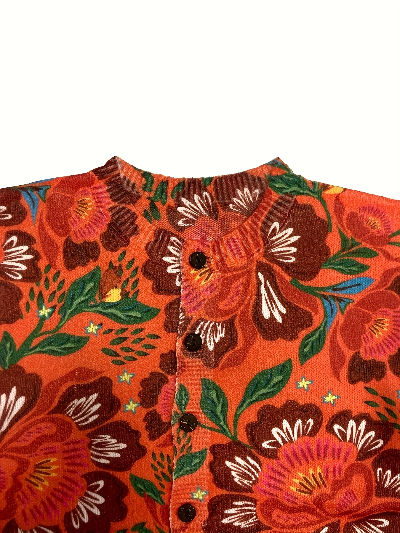Women's Vintage Floral Print Knit Cardigan, Long Sleeve V Neck Button Down Loose Boho Sweater Coat