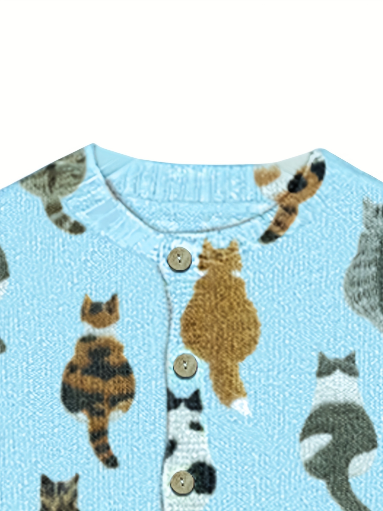 Women's Blue Cat Print Knit Cardigan, Long Sleeve V Neck Button Down Loose Casual Sweater Coat