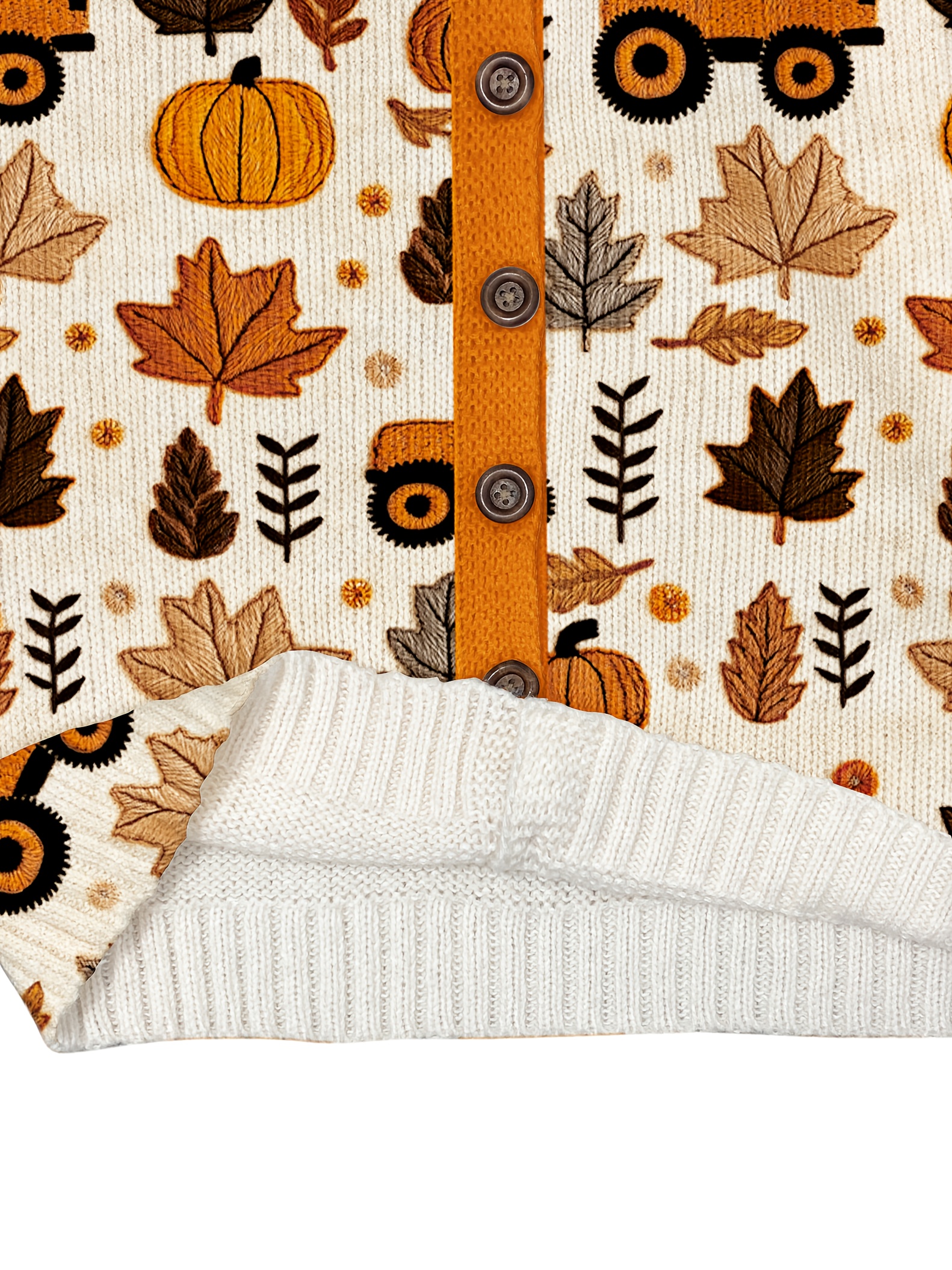 Women's Fall Pumpkin Maple Leaf Tractor Print Knit Cardigan, Long Sleeve V Neck Button Down Loose Autumn Sweater Coat