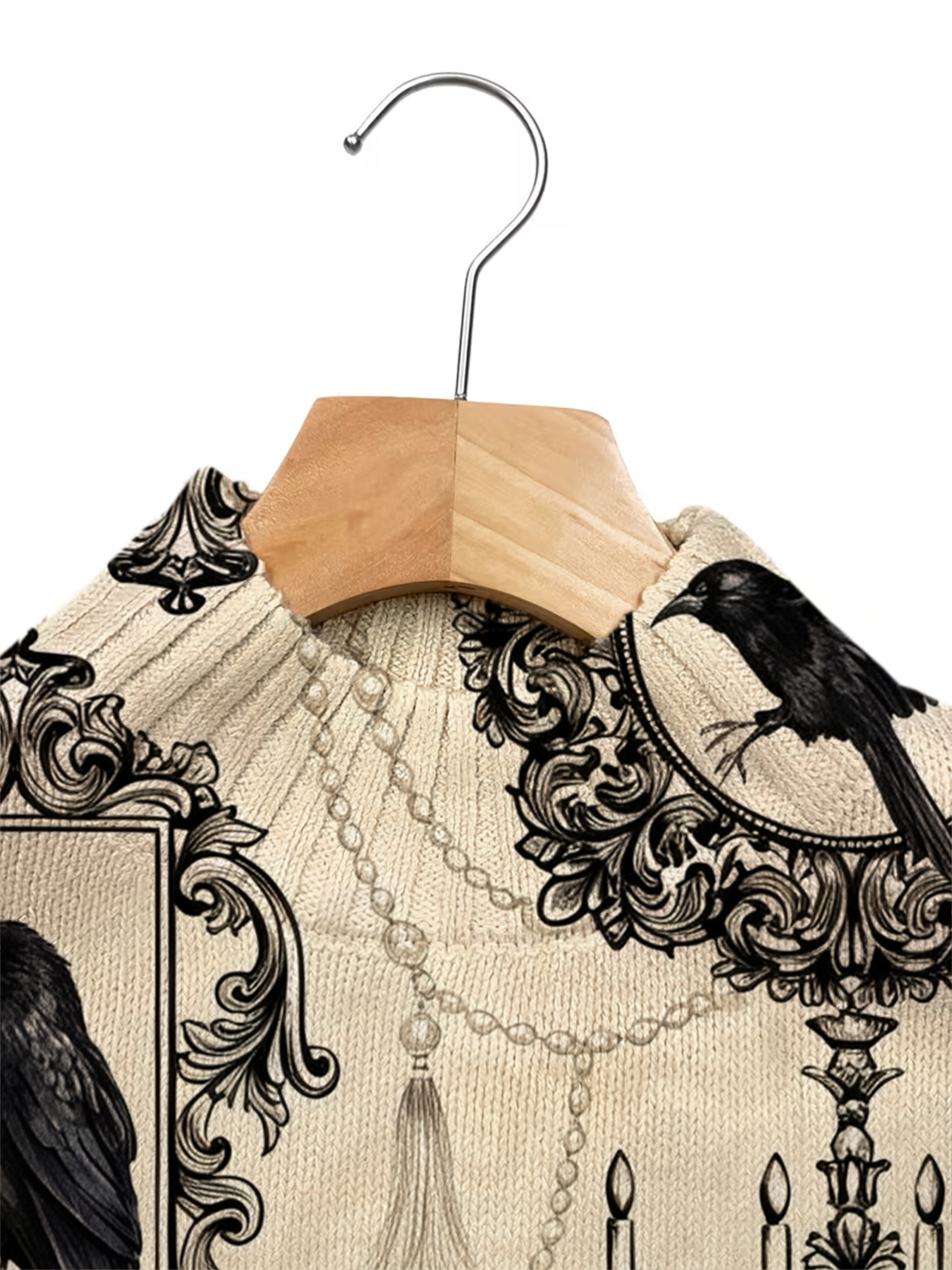 Women's Gothic Raven Print Turtleneck Sweater, Vintage Baroque Chandelier Pattern Long Sleeve Pullover Top, Casual Fall Winter Graphic Sweatshirt (Printed Design, Not Textured Knit)