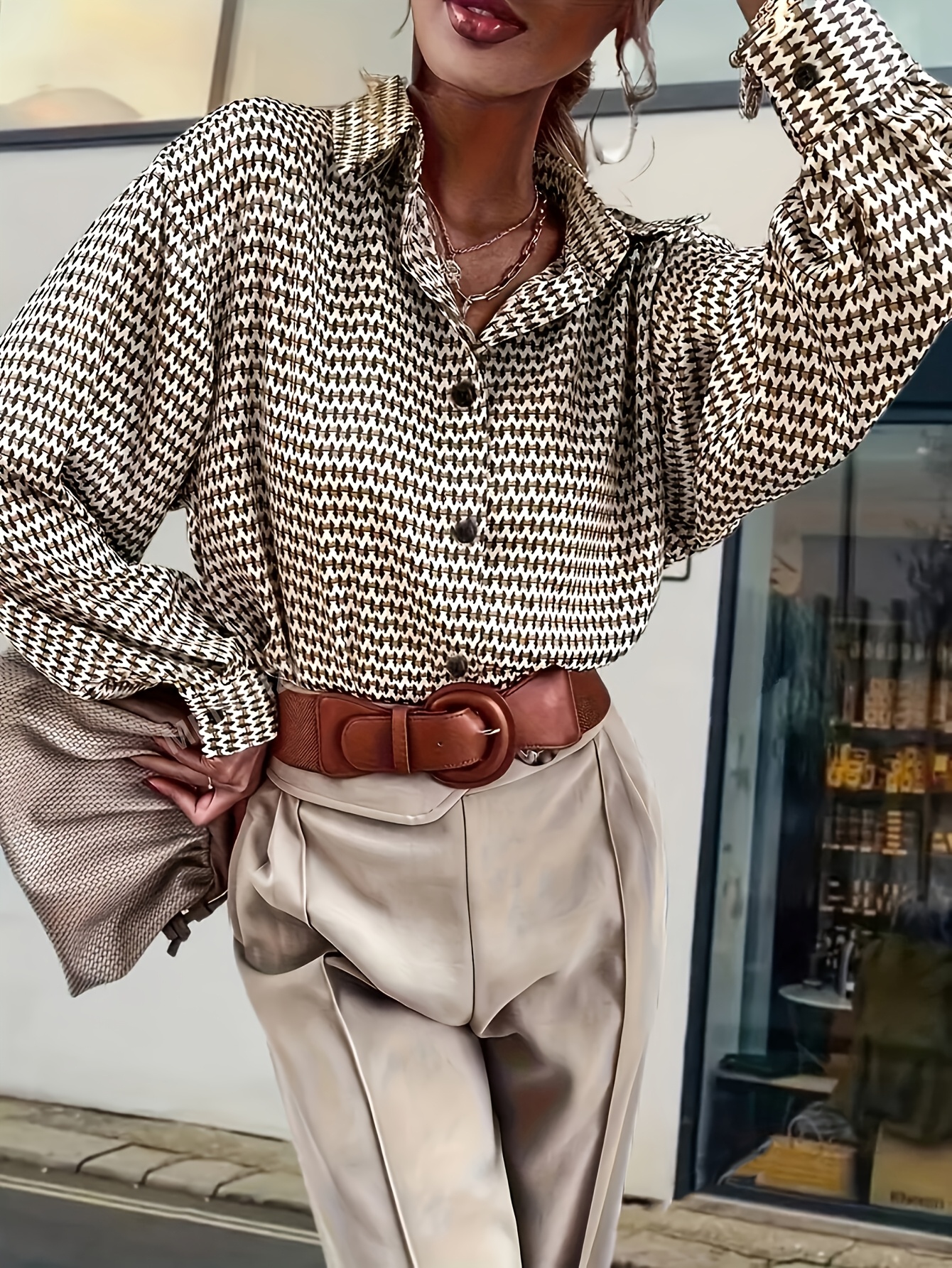 Women's Houndstooth Geometric Print Lapel Collar Long Sleeve Button Down Shirt, Elegant Loose Fit Casual Blouse Top