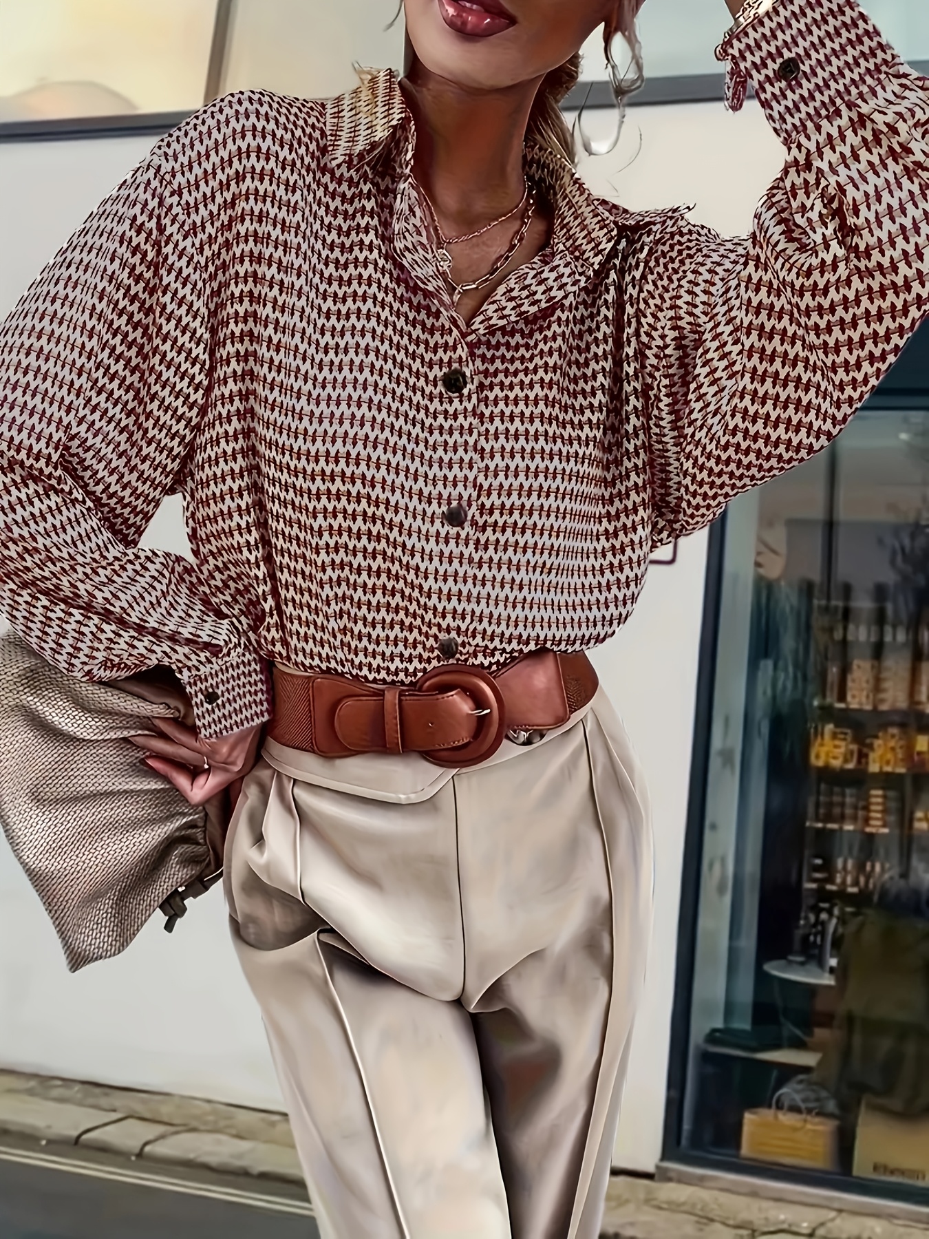 Women's Geometric Print Lapel Collar Long Sleeve Button Down Shirt, Elegant Loose Fit Casual Blouse Top