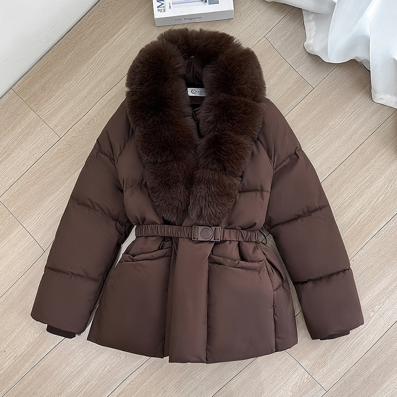 Women's Winter Puffer Jacket with Faux Fur Collar, Polyester Warm Coat, Belted Waist Short Quilted Outerwear, Fashionable Cold Weather Jacket