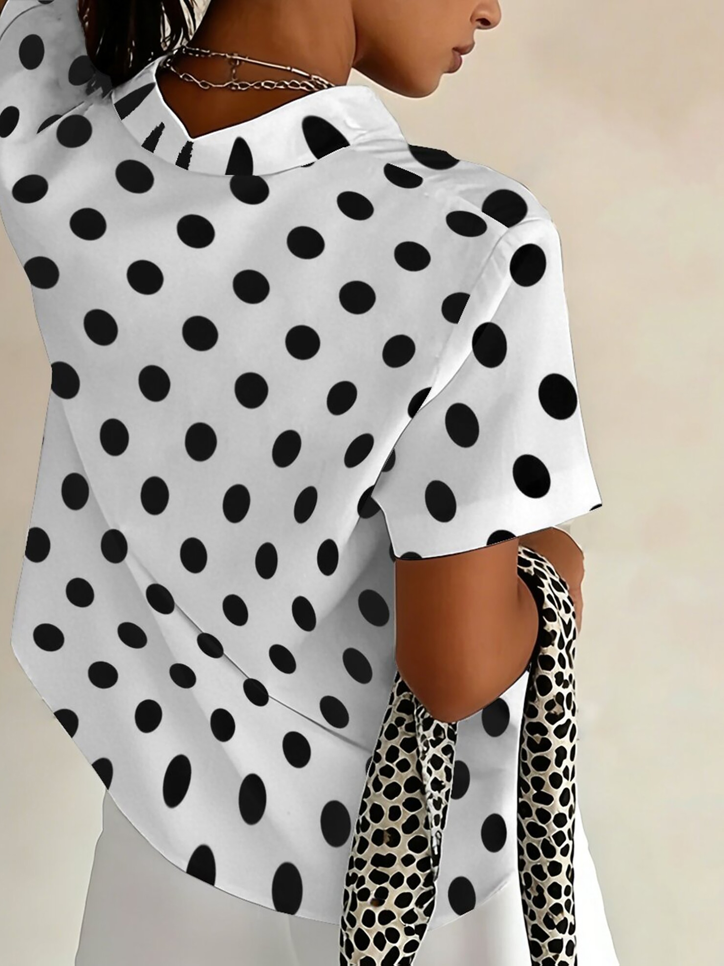 Plus Size Women's Casual Short Sleeve Black Polka Dot Print Button-Up Shirt Fashion Collared Cardigan