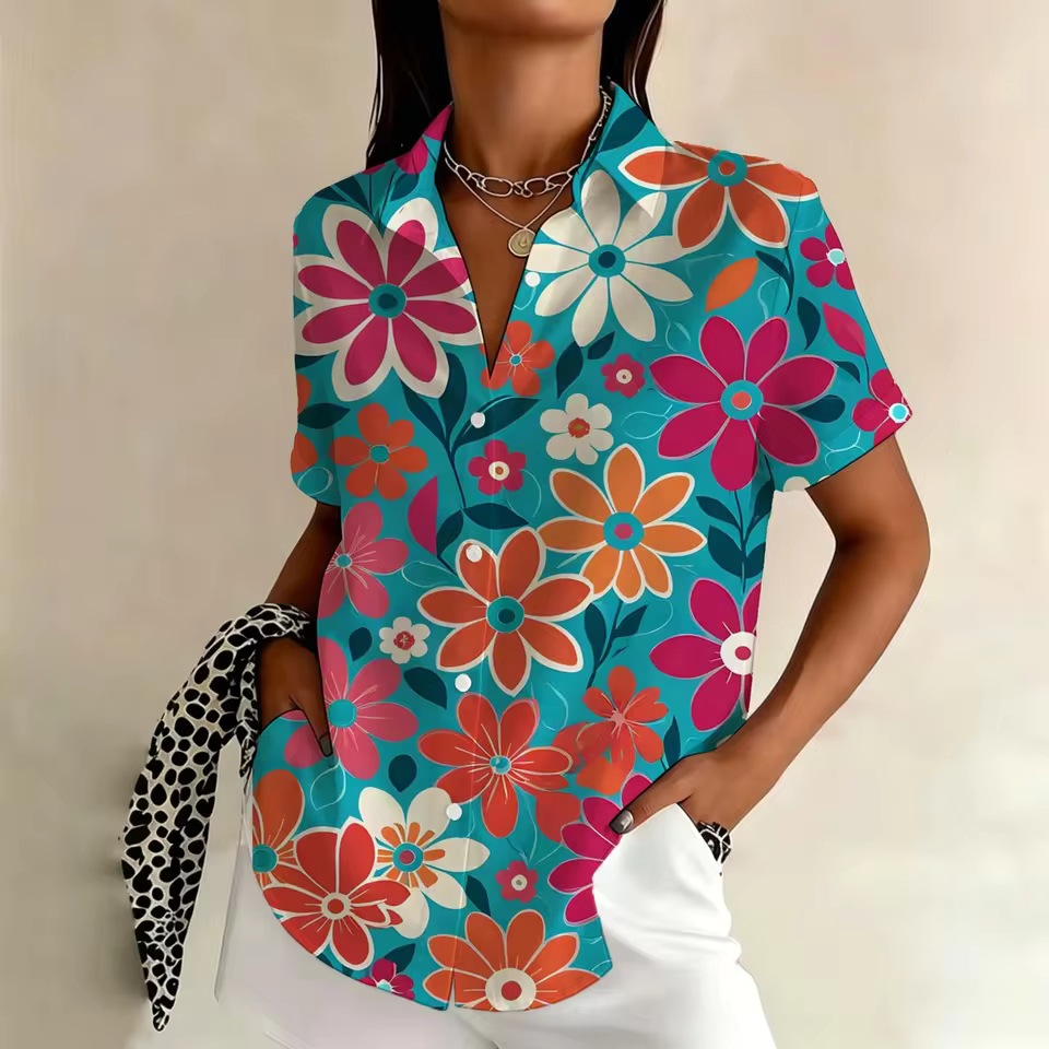 Women’s Floral Print Short Sleeve Button-Down Shirt – Lightweight Polyester Blouse