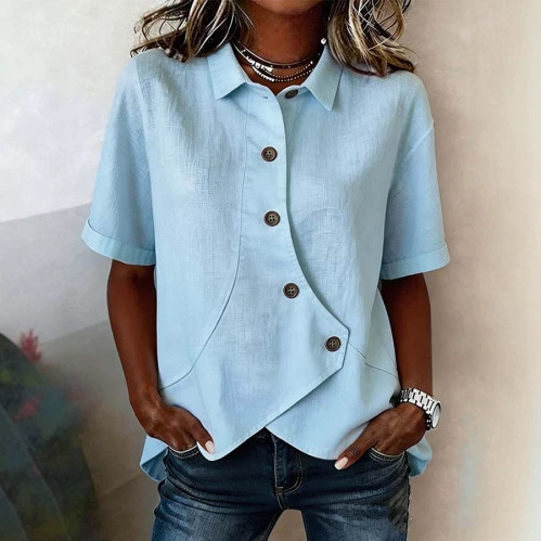 Women’s Solid Color Short Sleeve Button Blouse – Cotton Linen Blend Casual Commuter Shirt