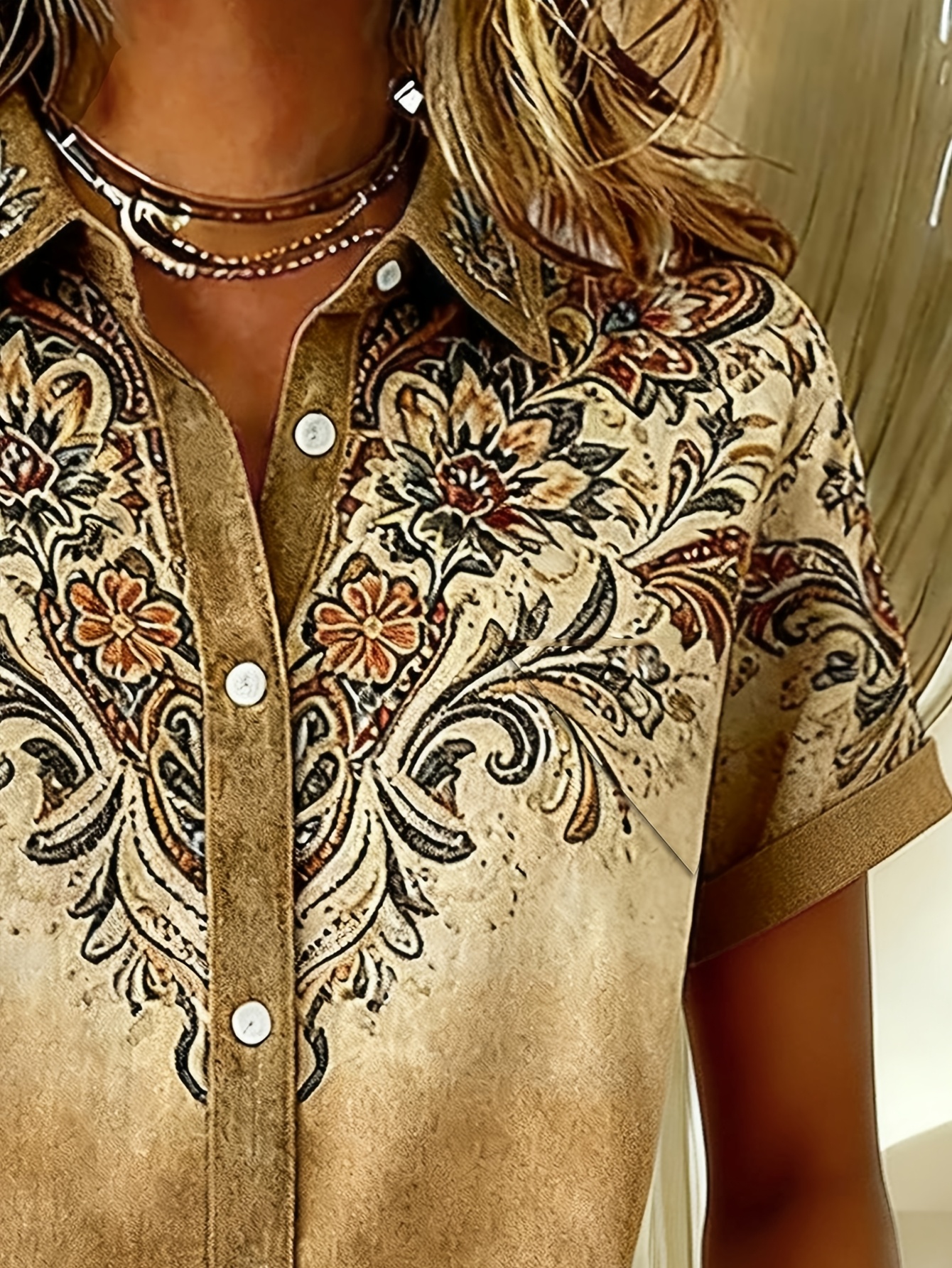 Women Vintage Paisley Floral Gradient Short Sleeve Button Down Shirts, Lightweight Polyester Lapel Collar Pocket Blouses, Casual Loose Fit Summer Tops-gemscharms