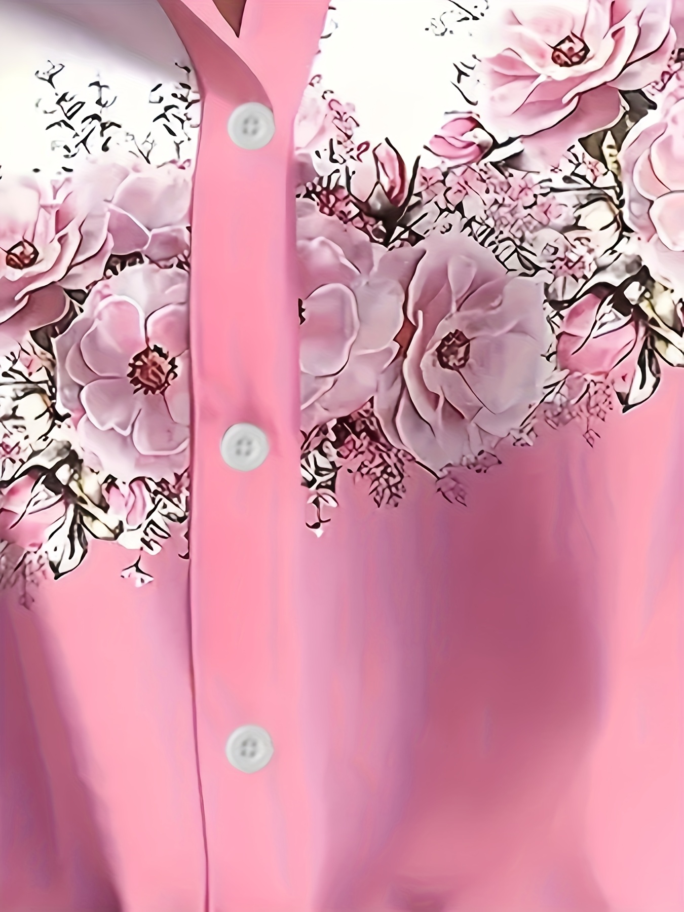 Women Pink Rose Floral Color Block Short Sleeve Button Down Shirts, Lightweight Polyester Lapel Collar Pocket Blouses, Casual Loose Fit Summer Printed Tops