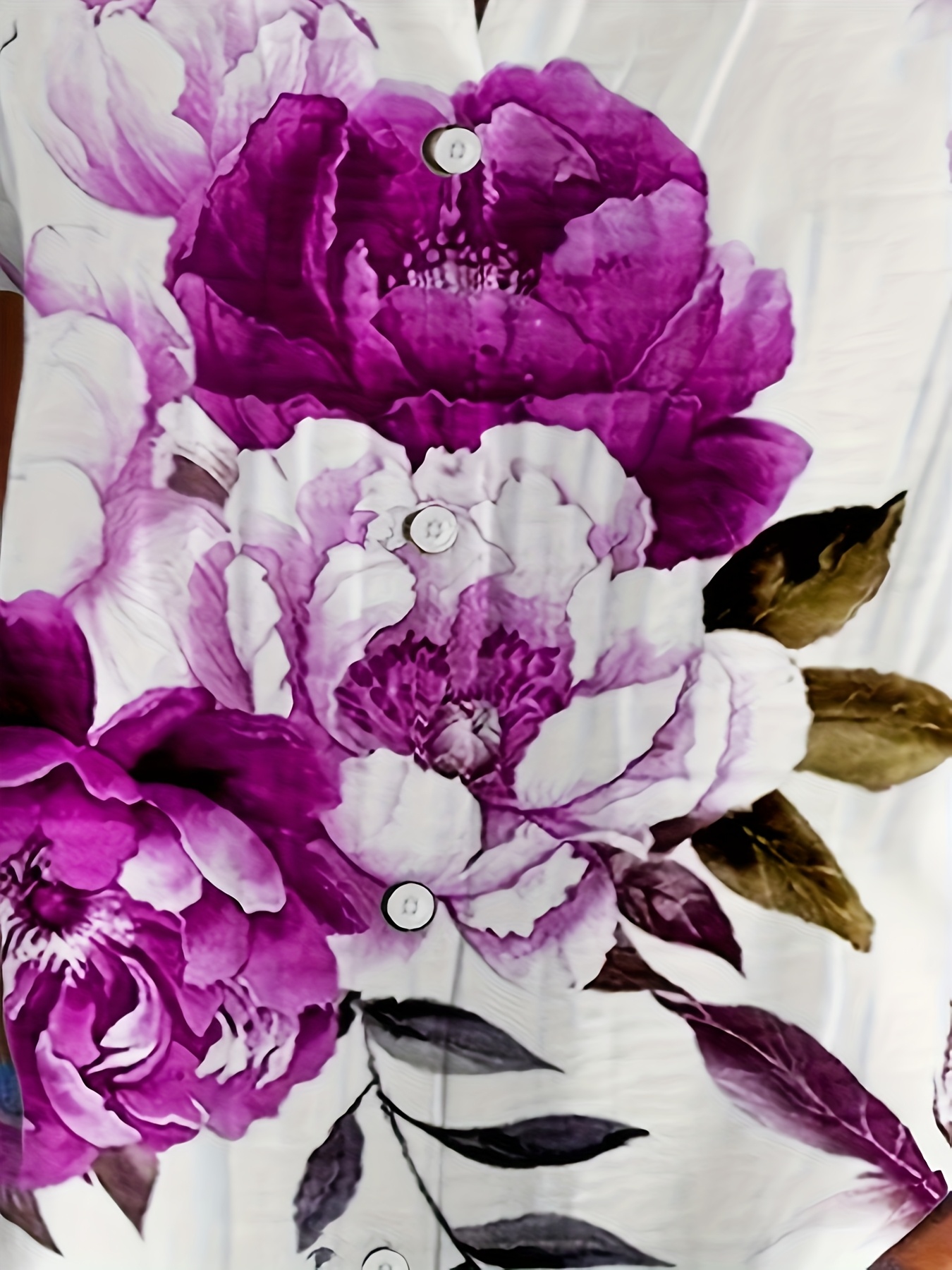 Women’s Short Sleeve Collared Button Down Shirt, Lightweight Polyester Watercolor Purple Peony Floral Print Casual Blouse with Side Pockets for Summer Vacation