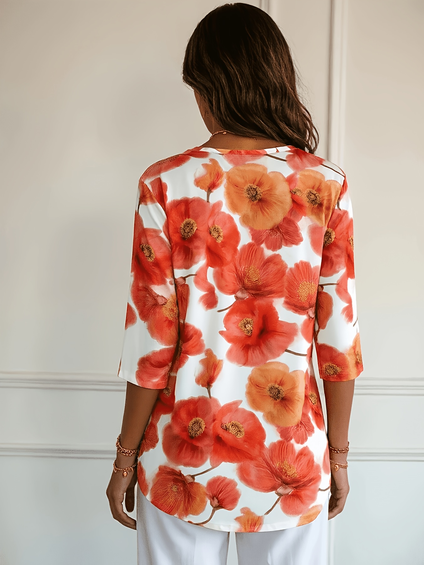 Women’s 3/4 Sleeve Floral Tunic Tops V Neck Loose Fit Blouse Red Poppy Flower Print Casual Shirts Lightweight Summer Fall Fashion Top