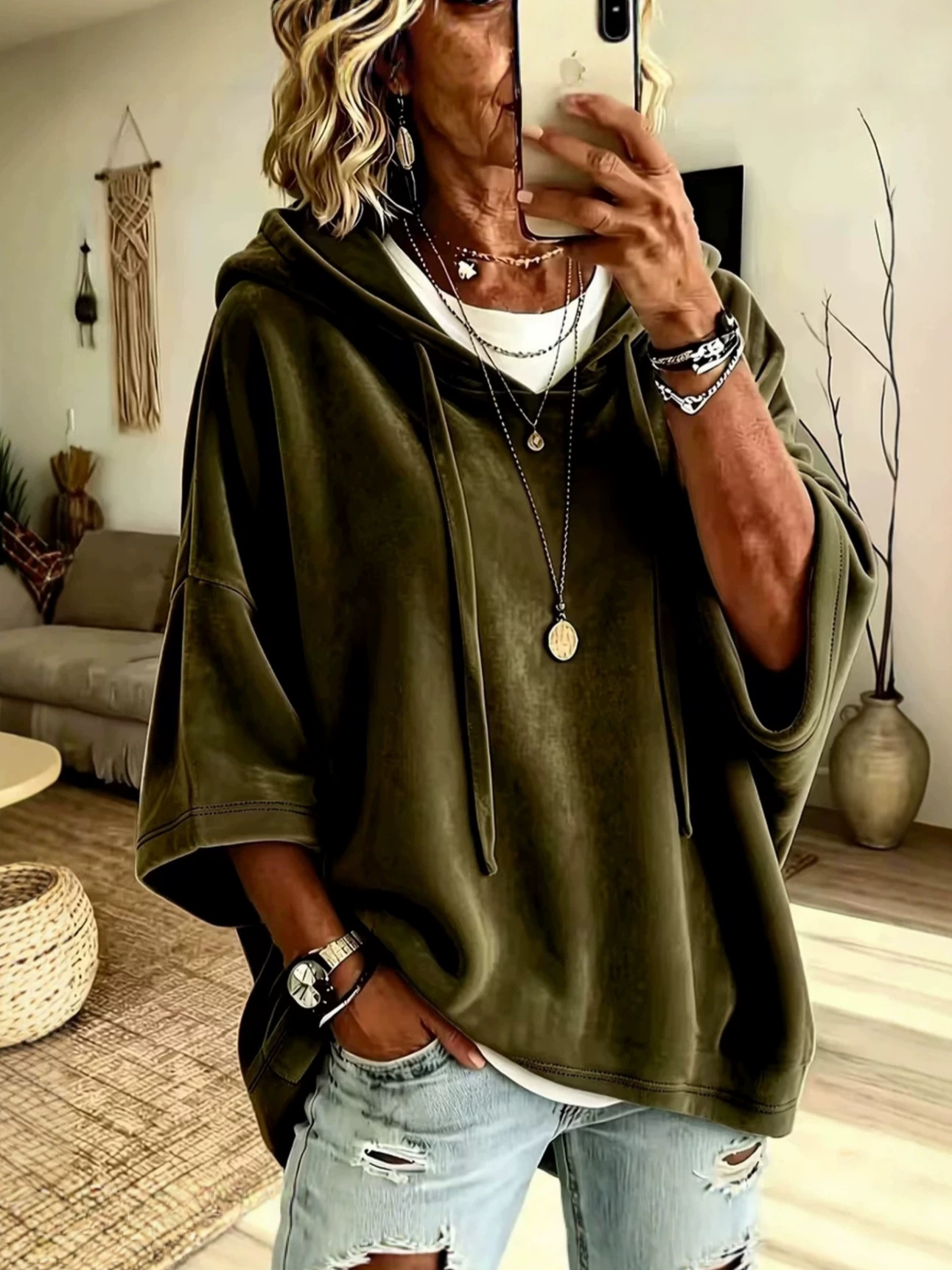 Women's Oversized Hoodie Sweatshirt – Casual Short Sleeve Hooded Pullover Top, Loose Fit Lightweight Polyester Hoodie  