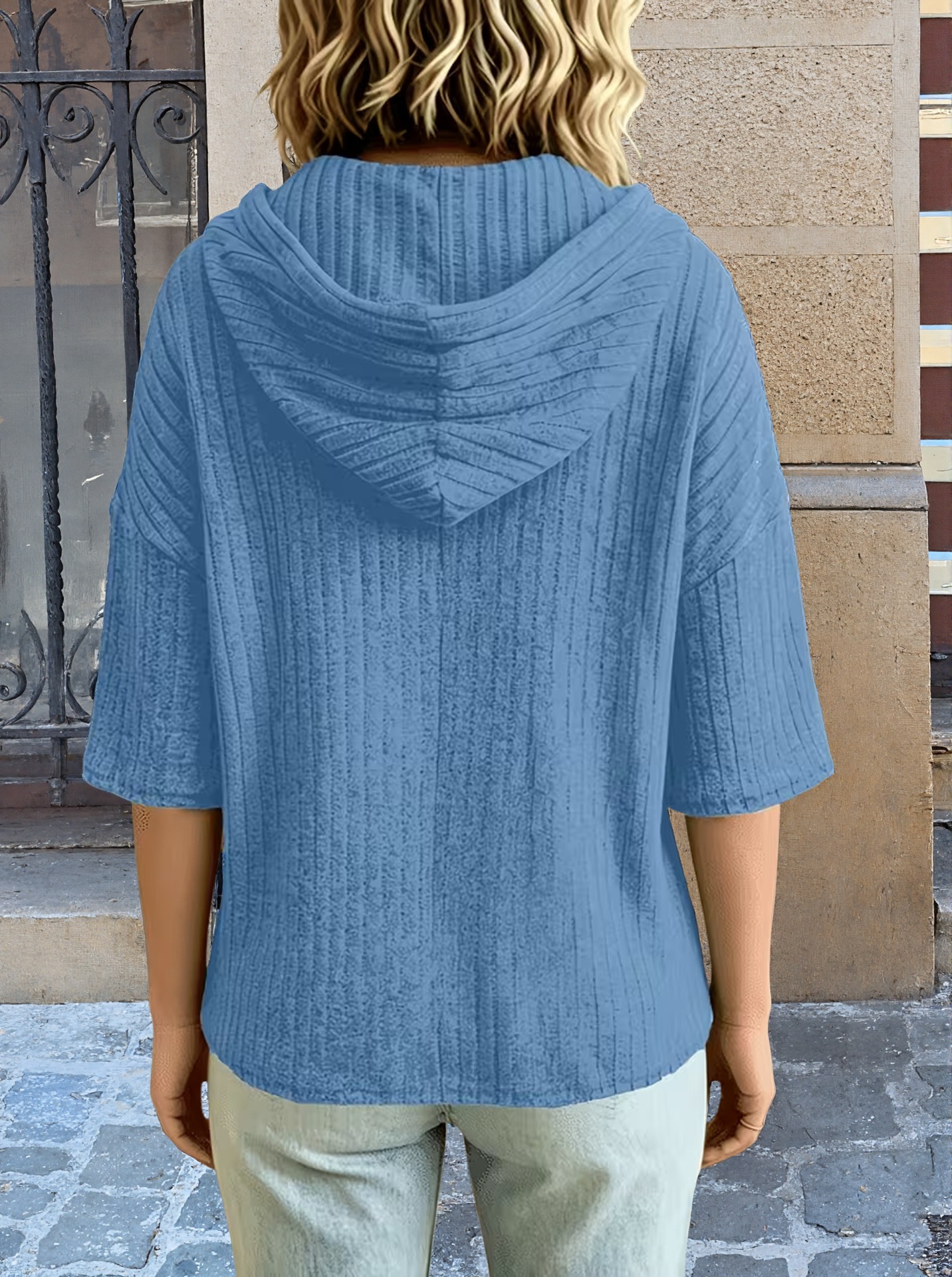 Women’s Casual Ribbed Knit Hoodie Top – Loose Fit Short Sleeve Pullover Sweatshirt with Drawstring Hood