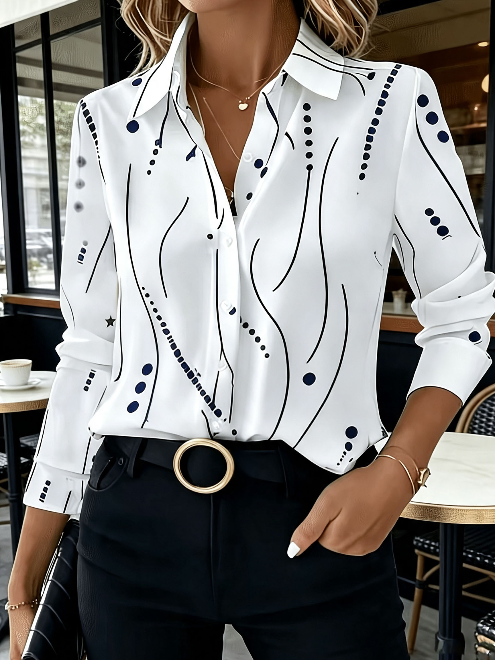 Women's Loose Fit Long Sleeve Shirts, Abstract Curve Stripe Dot Print Button‑Down Blouse , Casual Daily Tunic Tops-gemscharms