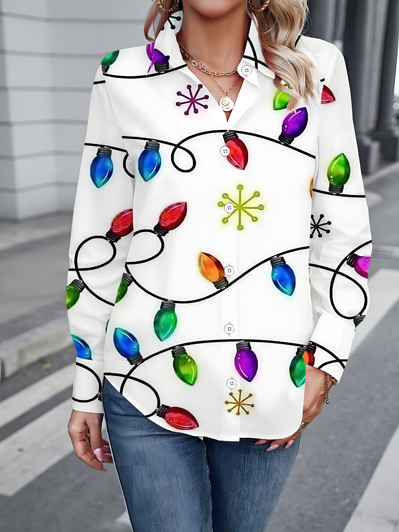 Women's Long-Sleeve Shirt, Lantern Pattern Printed Blouse, Midi-Length Women's Shirt with Snowflake Accents, Colorful and Fresh Style Casual Shirt, Soft, Comfortable, Skin-Friendly, and Delicate Spring/Autumn Base Layer Shirt
