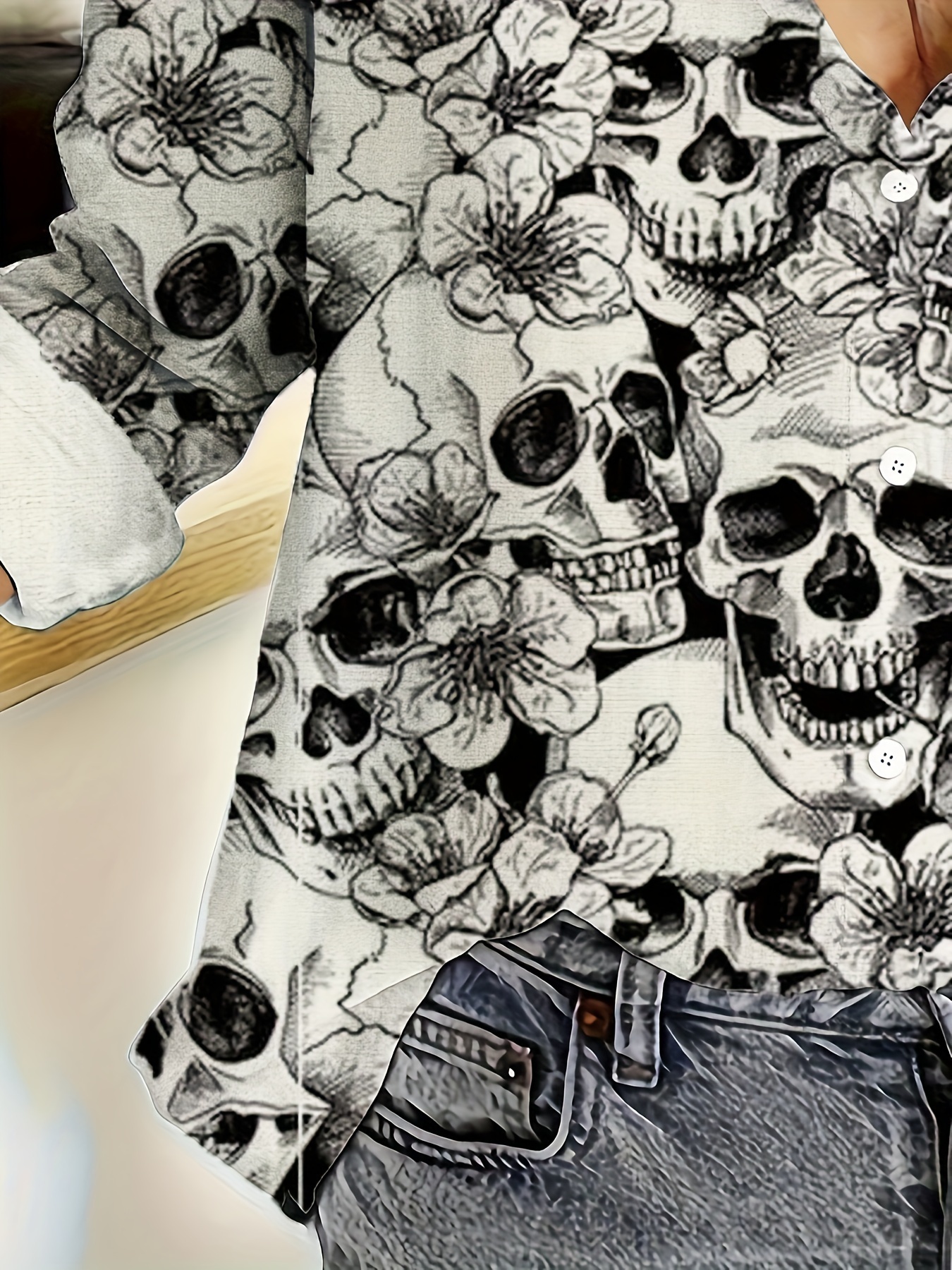 Women's Skull Floral Print Button Down Shirt Long Sleeve Gothic Blouse Casual Loose Fit Halloween Tops Alternative Fashion Shirt for Women