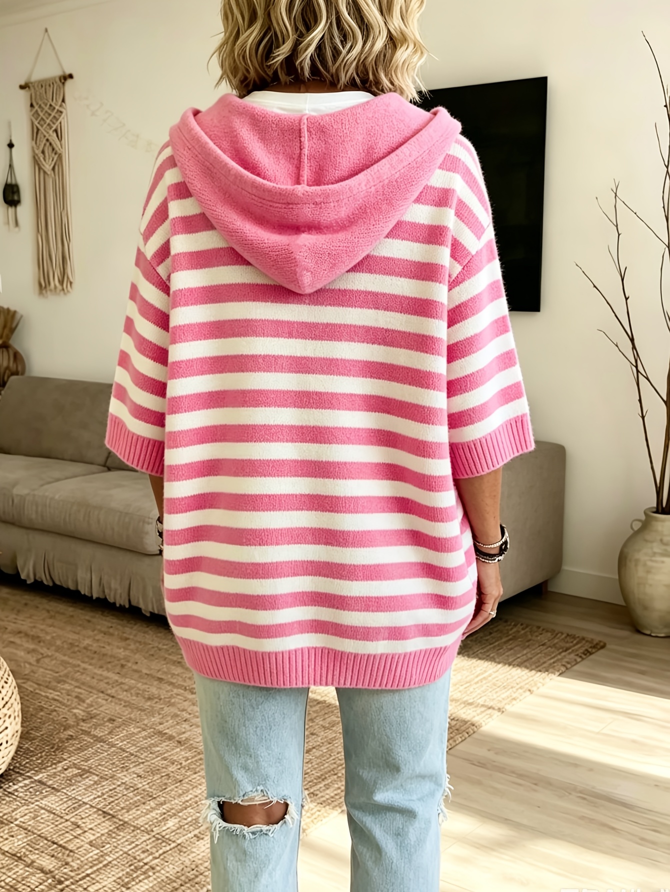 Women’s Striped Hoodie Sweater Oversized Loose Fit 3/4 Sleeve Knit Pullover Poncho Top Casual Pink White Hooded Tunic Sweater for Fall Winter