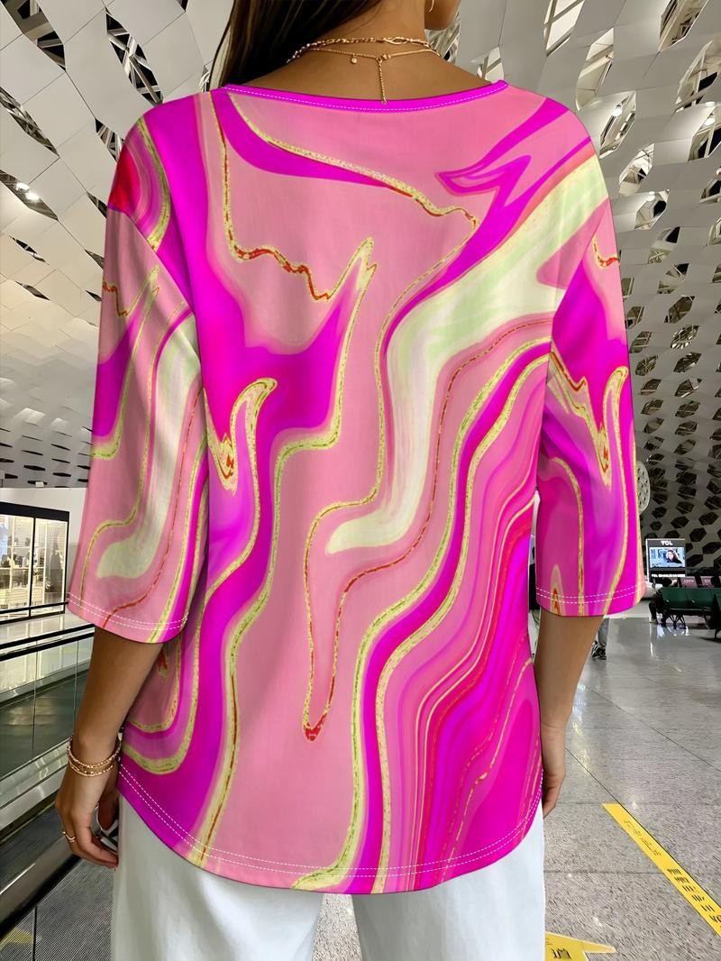 Women’s Abstract Print Short Sleeve Tops, Colorful Loose Fit Blouse Shirt with Artistic Wave Pattern, Casual Summer Tunic Top for Women, Vacation Beach Everyday Wear-gemscharms