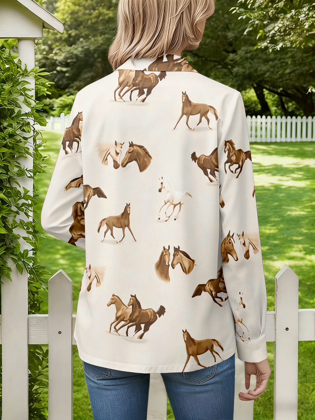 Women's Horse Print Button Down Shirt Long Sleeve Casual Blouse, Elegant Animal Pattern Loose Fit Tops, Lightweight Soft Shirt for Fall Spring Vacation Office Wear