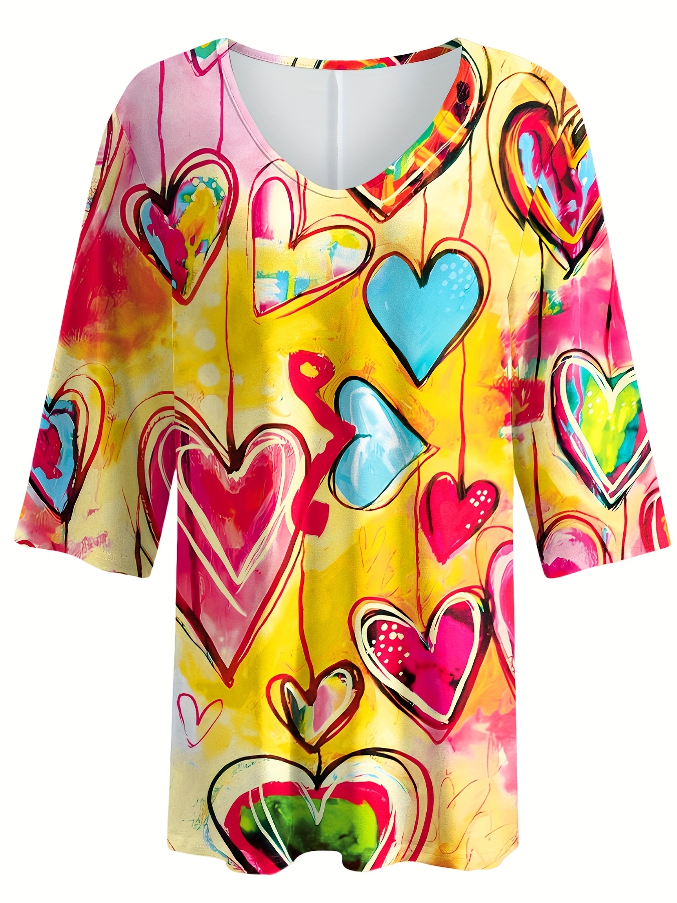 Women's Colorful Heart Print T Shirt, Short Sleeve Casual Blouse Tops, Abstract Graphic Loose Fit Summer Shirts, Artistic Printed Tees for Women Vacation Daily Wear-gemscharms