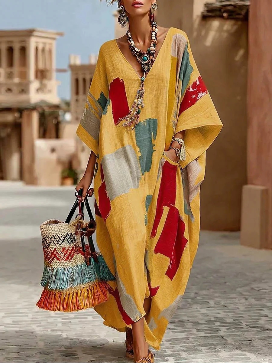 Women's Abstract Print Maxi Dress, Casual Loose Fit Bohemian Kaftan Dress, V Neck Short Sleeve Oversized Tunic Dress for Summer Vacation