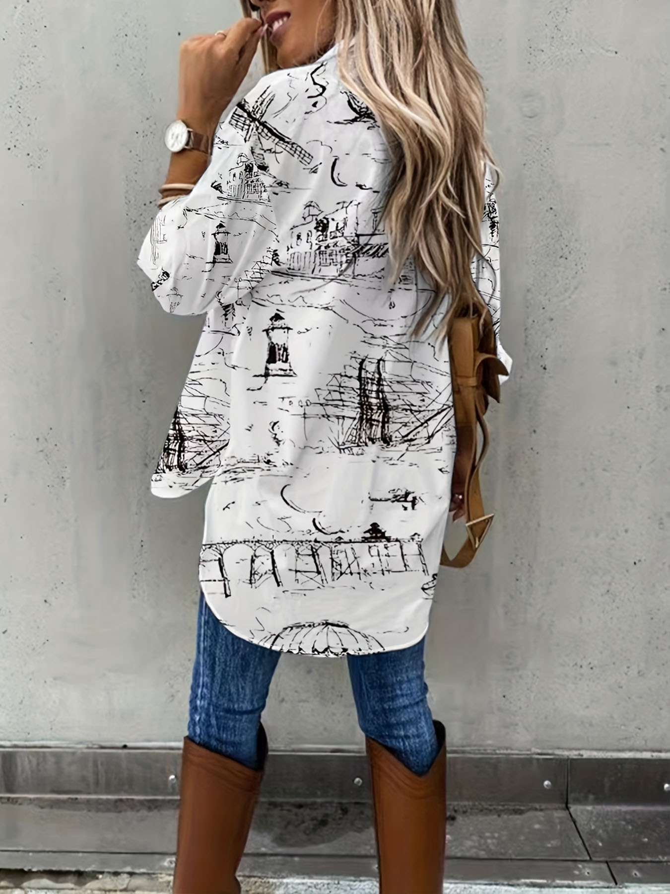 Women's Vintage Sketch Print Button Down Shirt – Casual Long Sleeve Blouse for Everyday Style