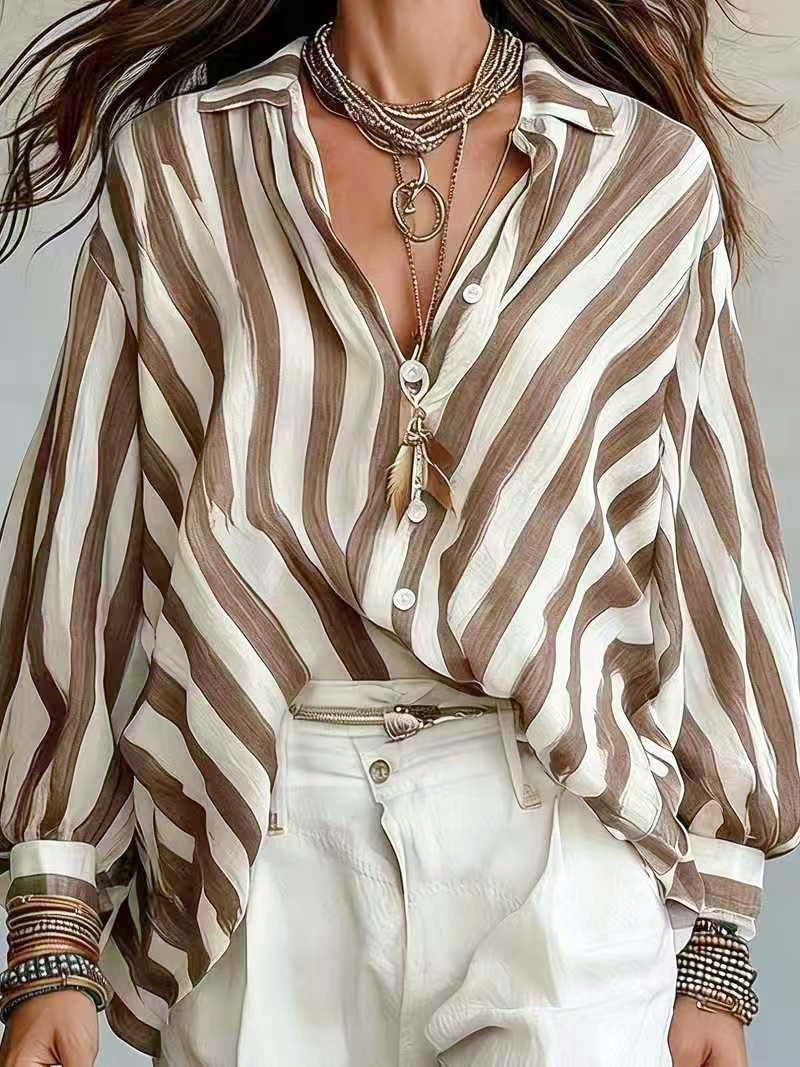 Women's Blue Striped Button Down Shirt Long Sleeve Casual Blouse Loose Fit Collared Shirt Oversized Tops for Office Travel Vacation Everyday Wear