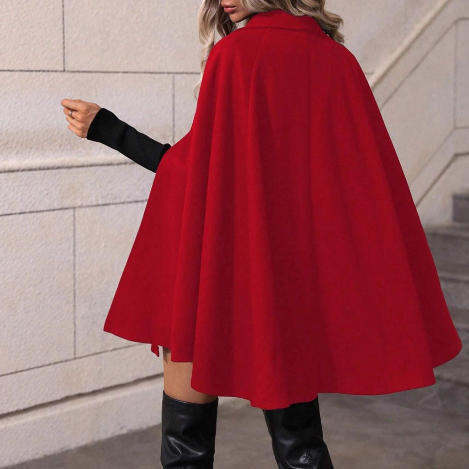 Women’s Double-Breasted Cape Coat – Elegant High Neck Poncho Jacket