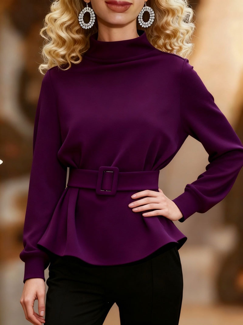 Women’s Elegant Peplum Blouse with Belt – Long Sleeve Mock Neck Slim Fit Casual Dressy Top